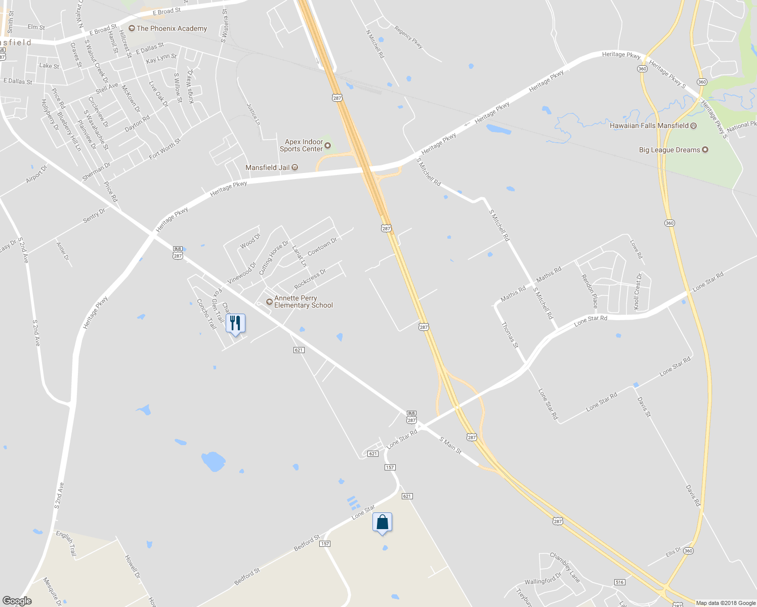 map of restaurants, bars, coffee shops, grocery stores, and more near 27 Willow Bend Court in Mansfield