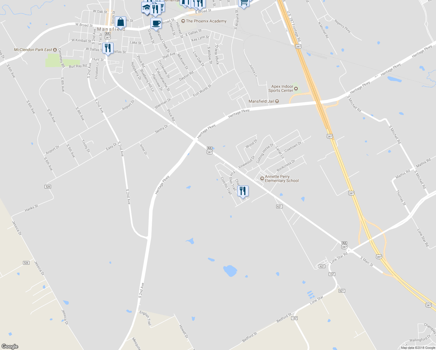 map of restaurants, bars, coffee shops, grocery stores, and more near 1214 Concho Trail in Mansfield