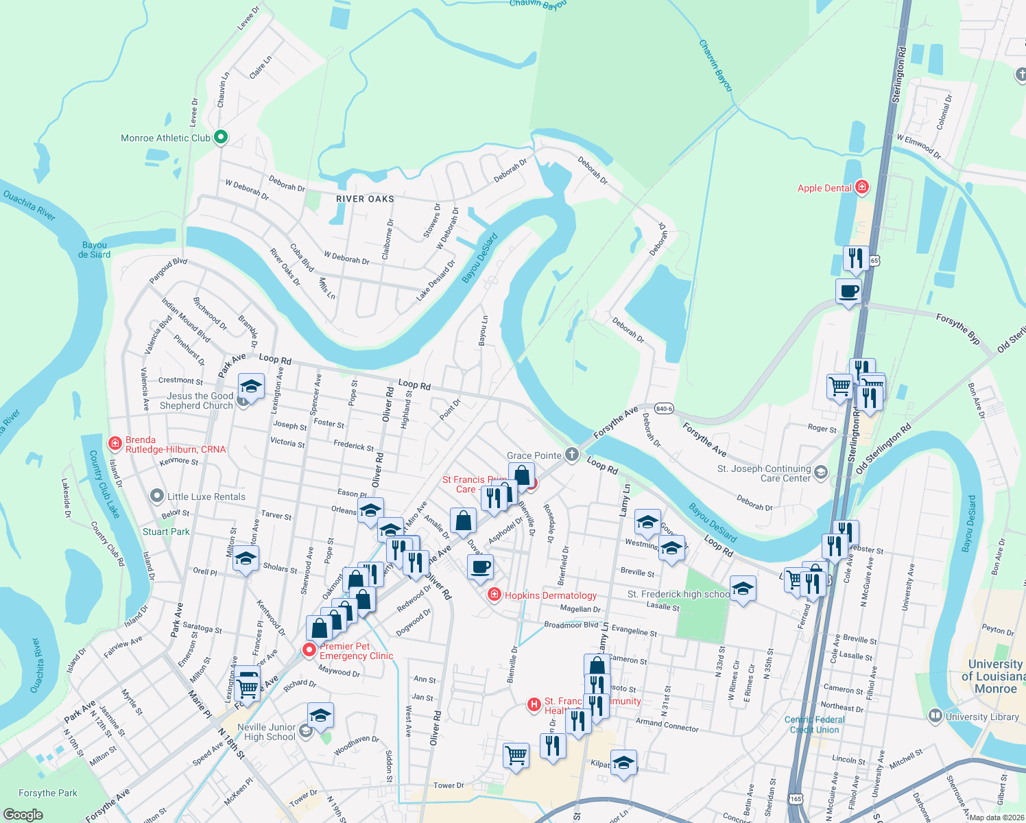 map of restaurants, bars, coffee shops, grocery stores, and more near 3402 Loop Rd in Monroe