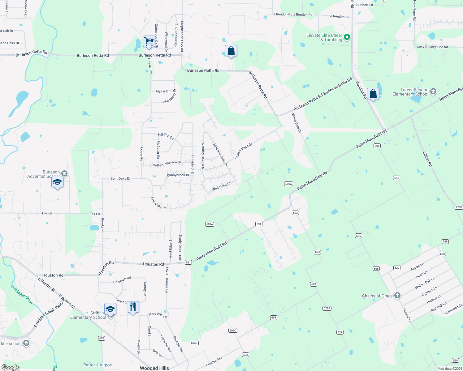 map of restaurants, bars, coffee shops, grocery stores, and more near 3430 Wild Oaks Court in Burleson