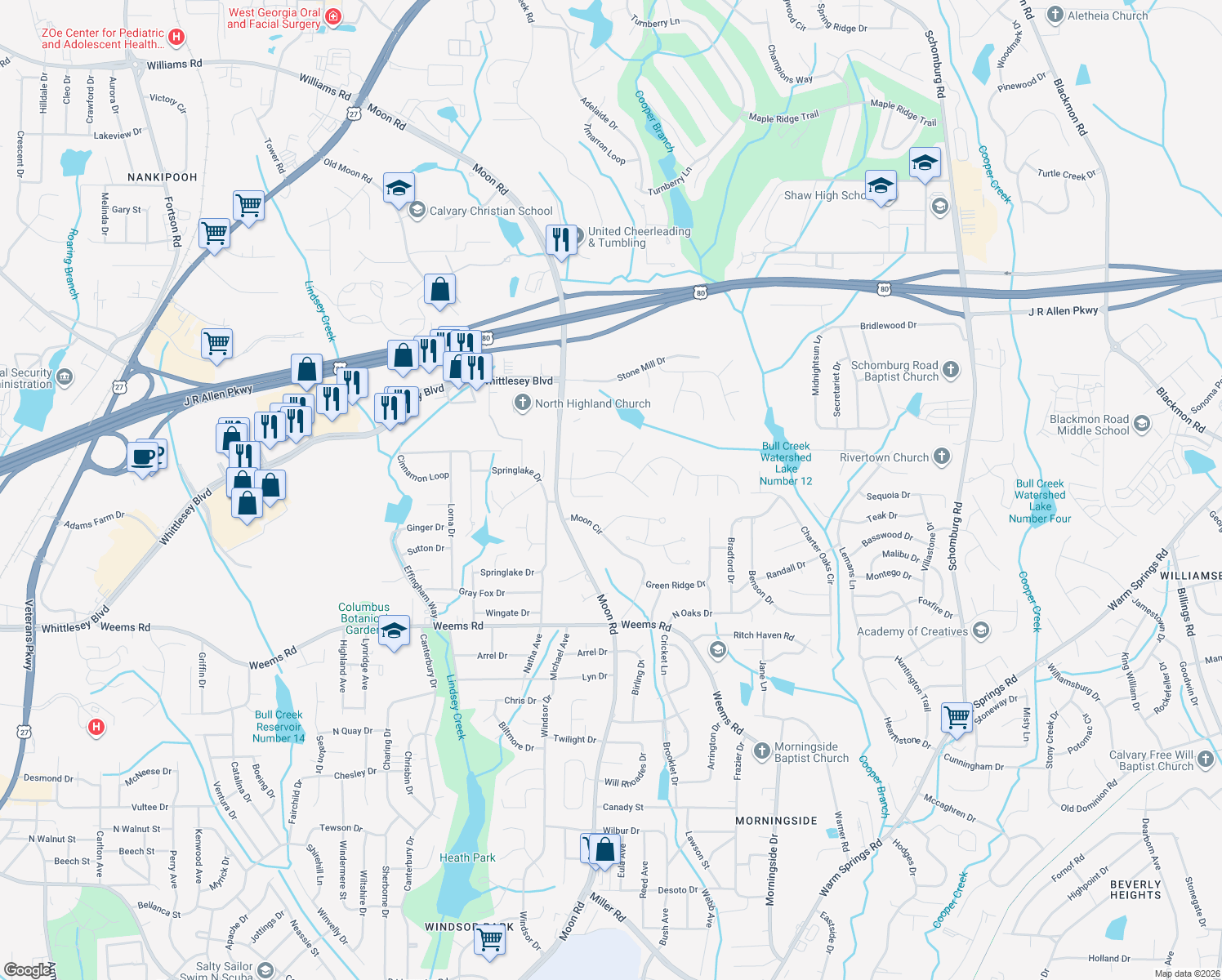 map of restaurants, bars, coffee shops, grocery stores, and more near 12 South Whisper Court in Columbus