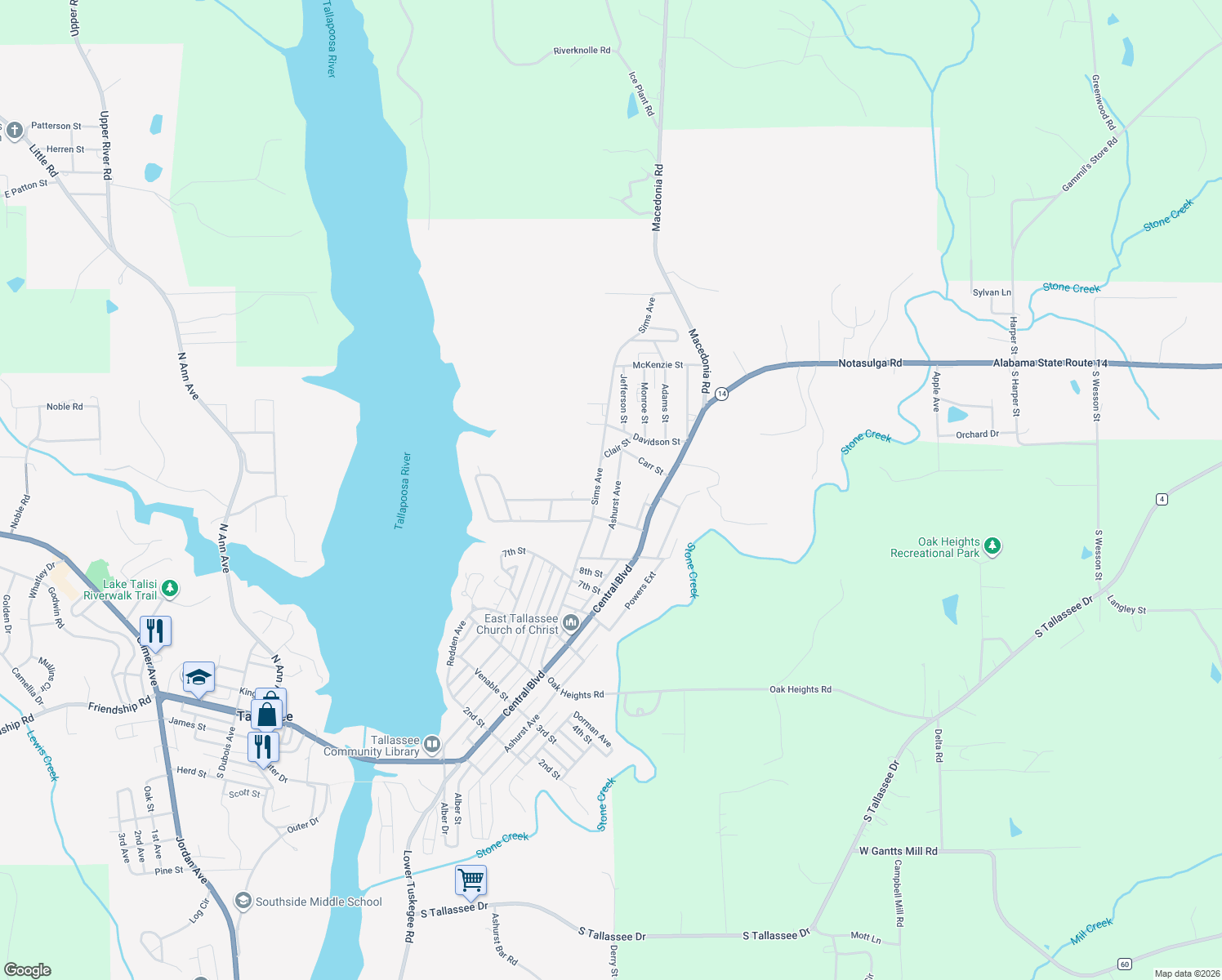 map of restaurants, bars, coffee shops, grocery stores, and more near 215 Ashurst Avenue in Tallassee