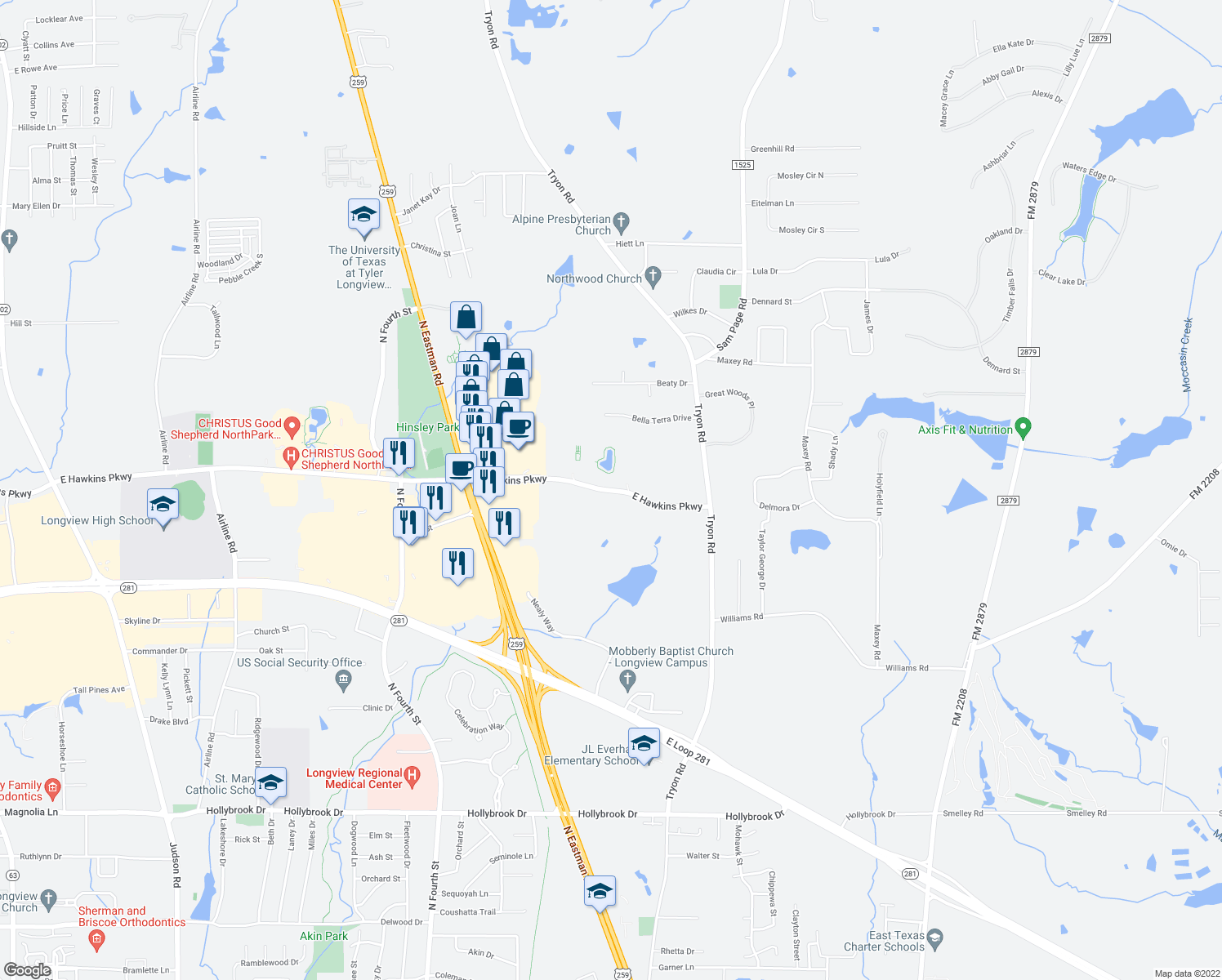 map of restaurants, bars, coffee shops, grocery stores, and more near 1154 East Hawkins Parkway in Longview