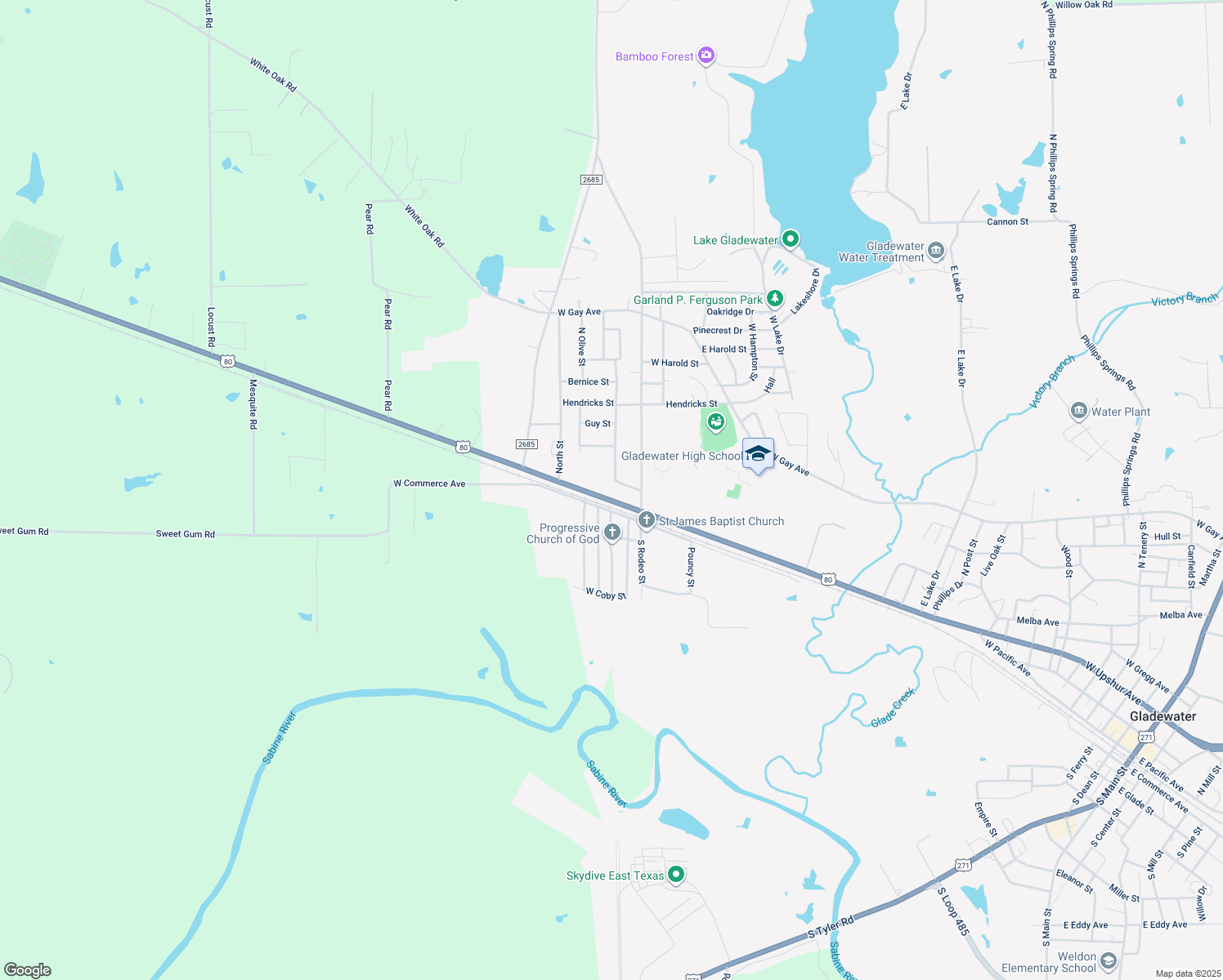map of restaurants, bars, coffee shops, grocery stores, and more near 2712 W Upshur Ave in Gladewater