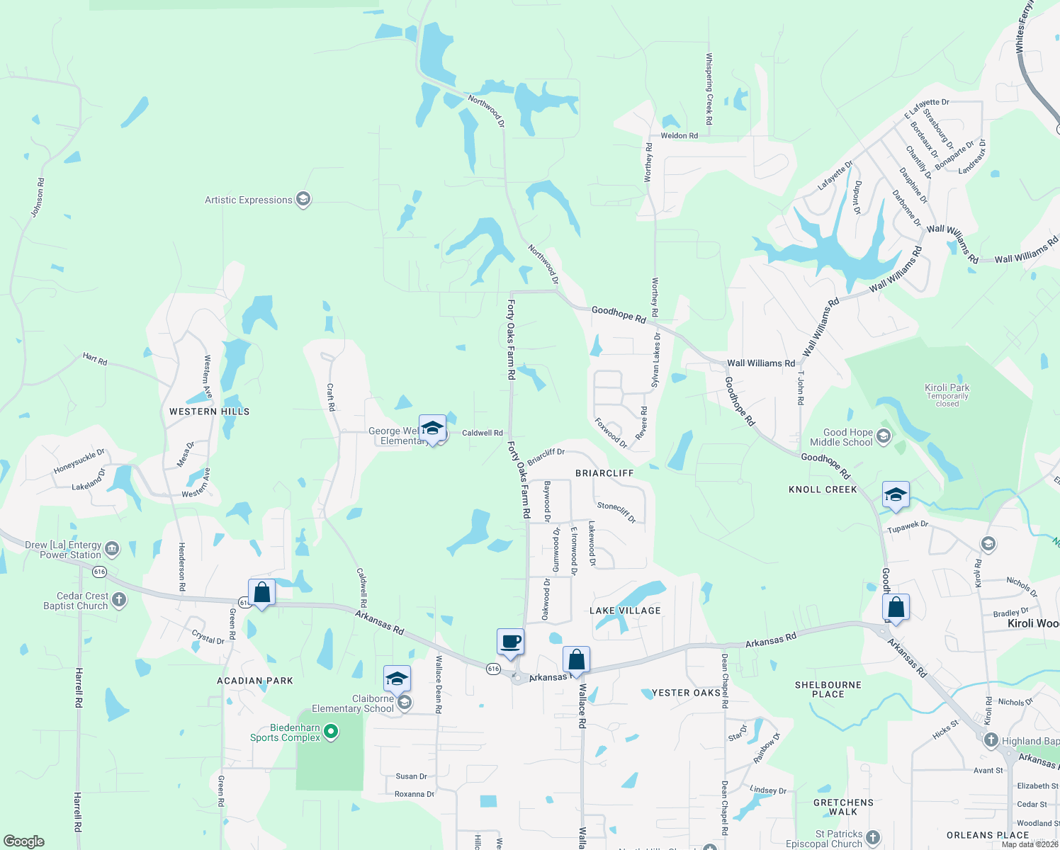 map of restaurants, bars, coffee shops, grocery stores, and more near 556 Forty Oaks Farm Rd in West Monroe