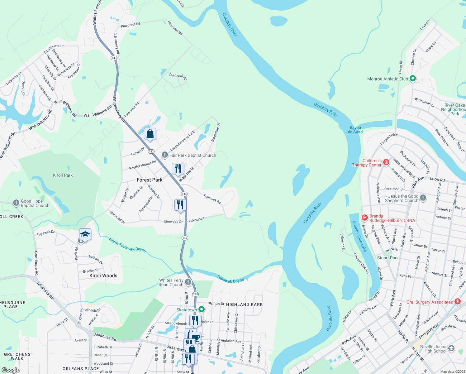 map of restaurants, bars, coffee shops, grocery stores, and more near 121 Kate Cir in West Monroe