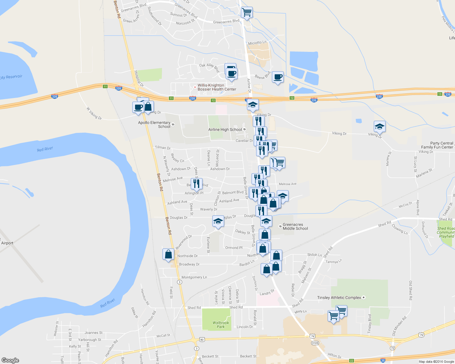 map of restaurants, bars, coffee shops, grocery stores, and more near 2503 Melrose Avenue in Bossier City