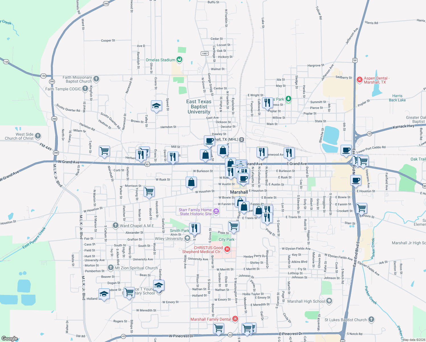 map of restaurants, bars, coffee shops, grocery stores, and more near 398 N Grove St in Marshall