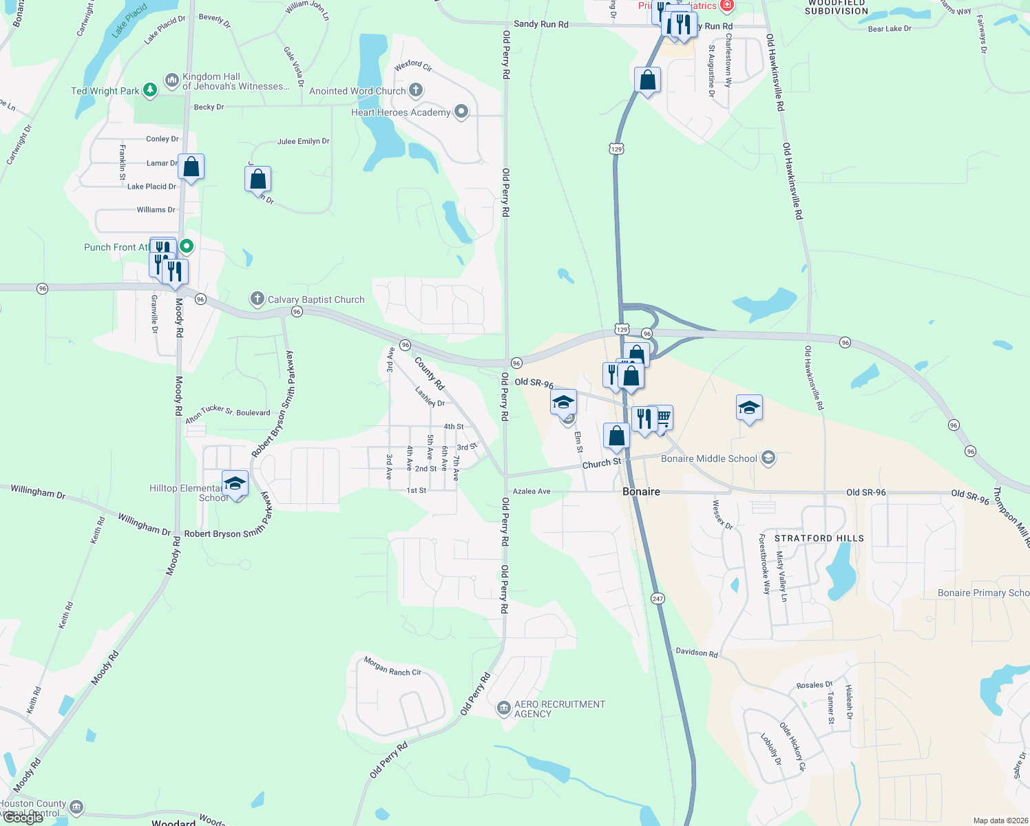 map of restaurants, bars, coffee shops, grocery stores, and more near 212 Old Perry Road in Bonaire