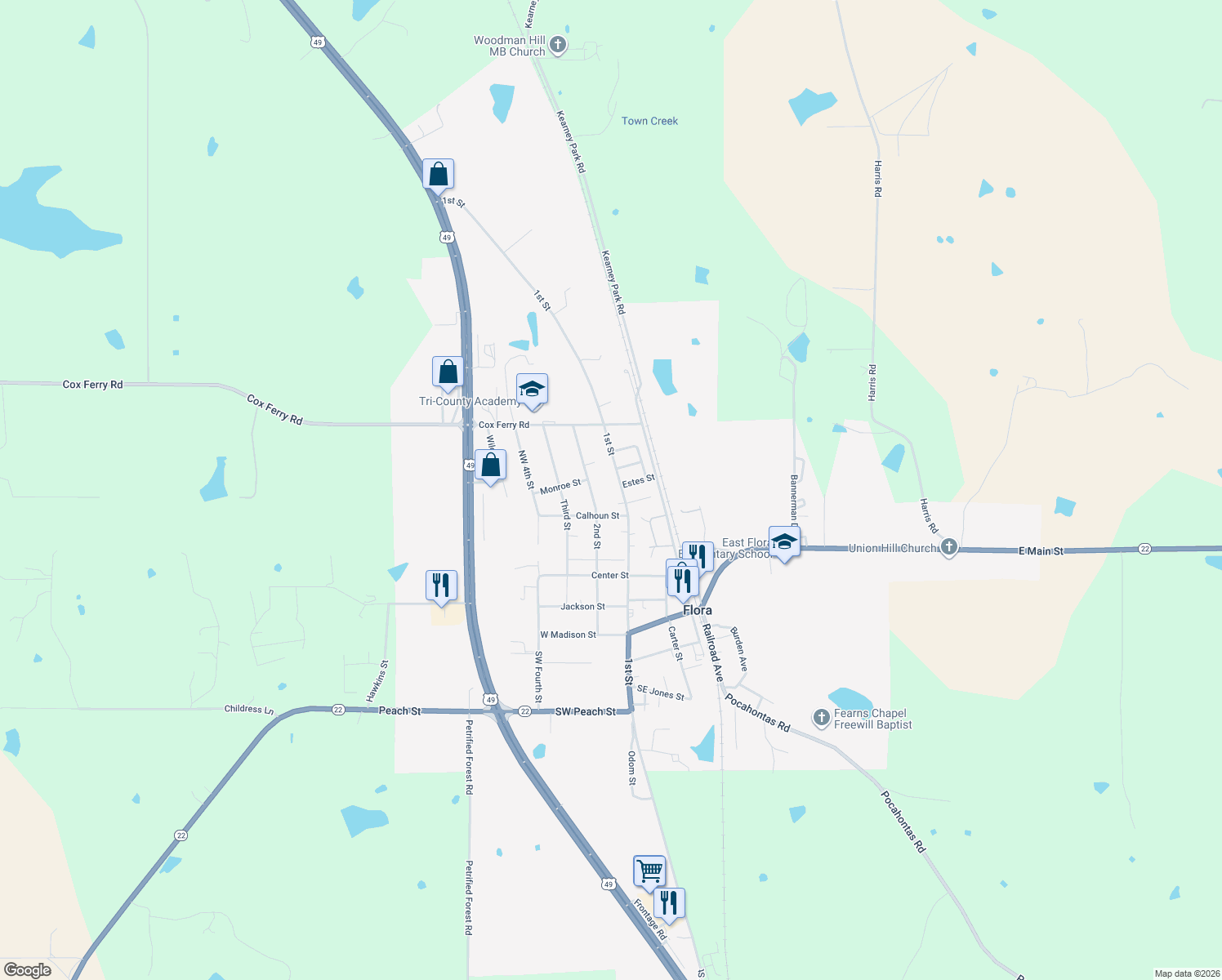 map of restaurants, bars, coffee shops, grocery stores, and more near 421 1st St in Flora