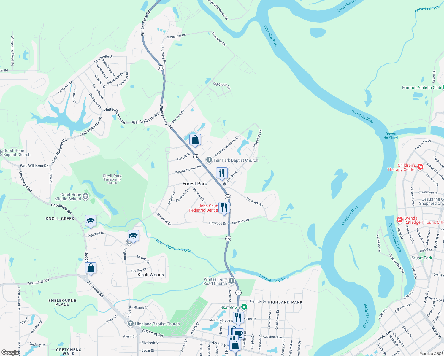 map of restaurants, bars, coffee shops, grocery stores, and more near 4132 Whites Ferry Rd in West Monroe
