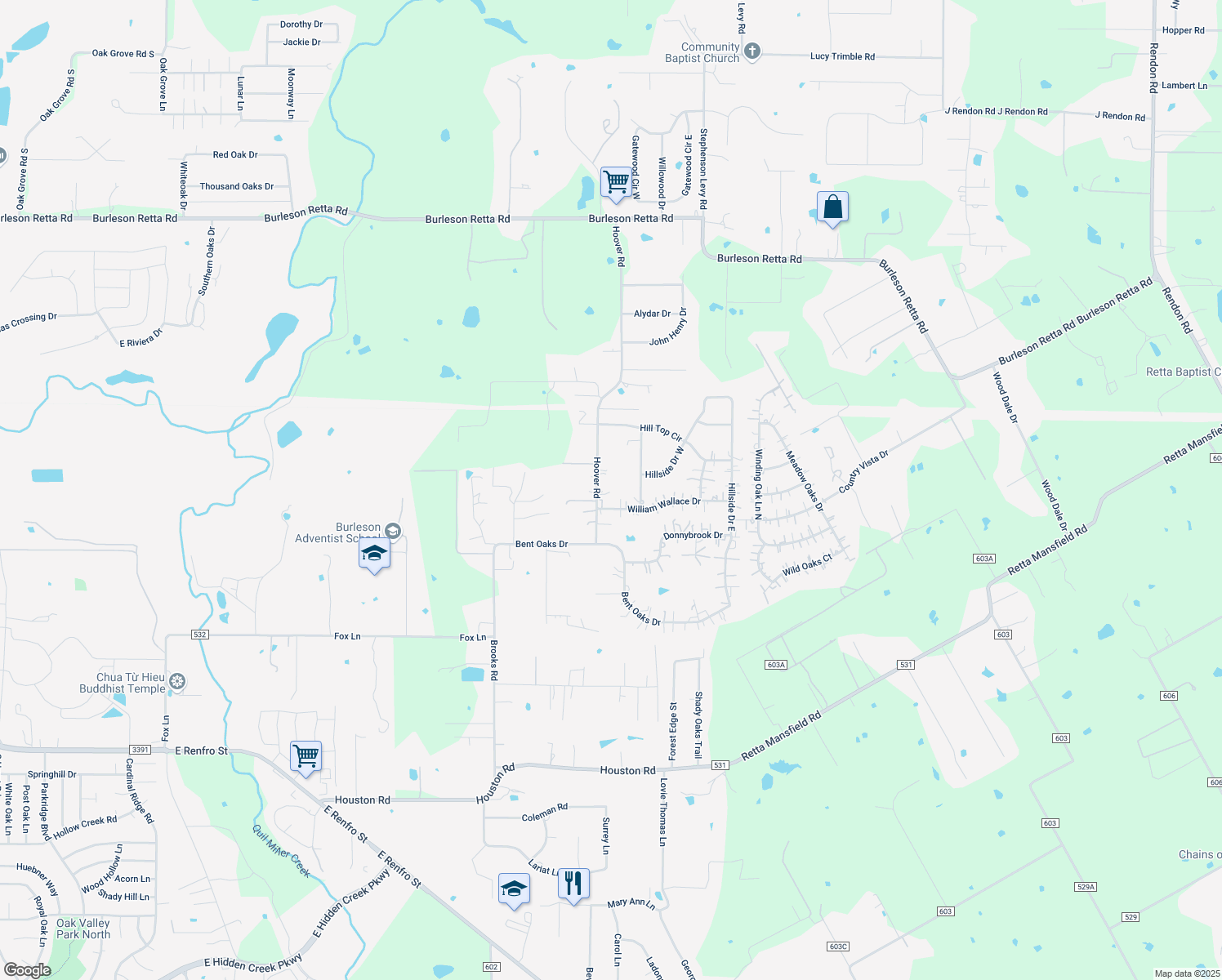 map of restaurants, bars, coffee shops, grocery stores, and more near 565 Hoover Road in Burleson
