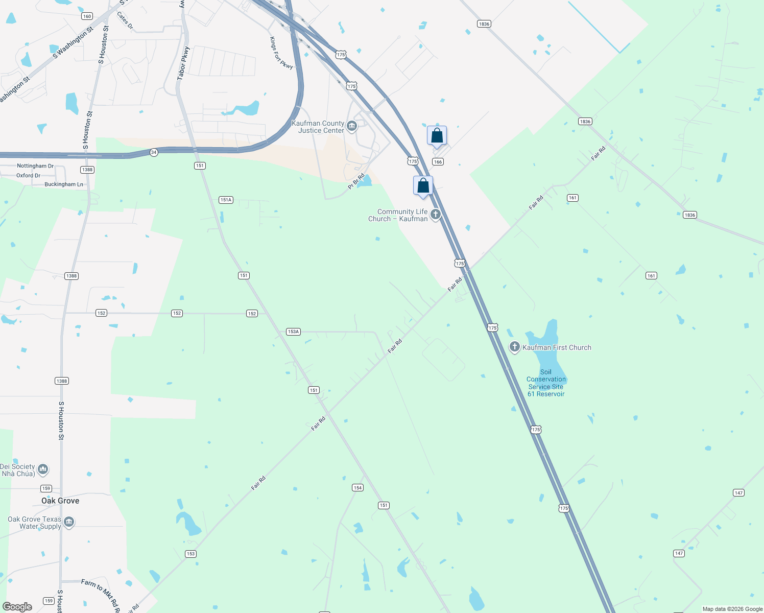 map of restaurants, bars, coffee shops, grocery stores, and more near 6440 Fair Road in Kaufman