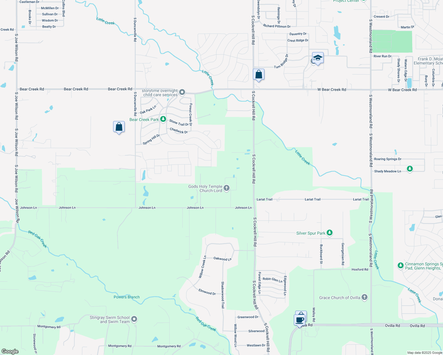 map of restaurants, bars, coffee shops, grocery stores, and more near 411 Burtonwood Circle in Ovilla