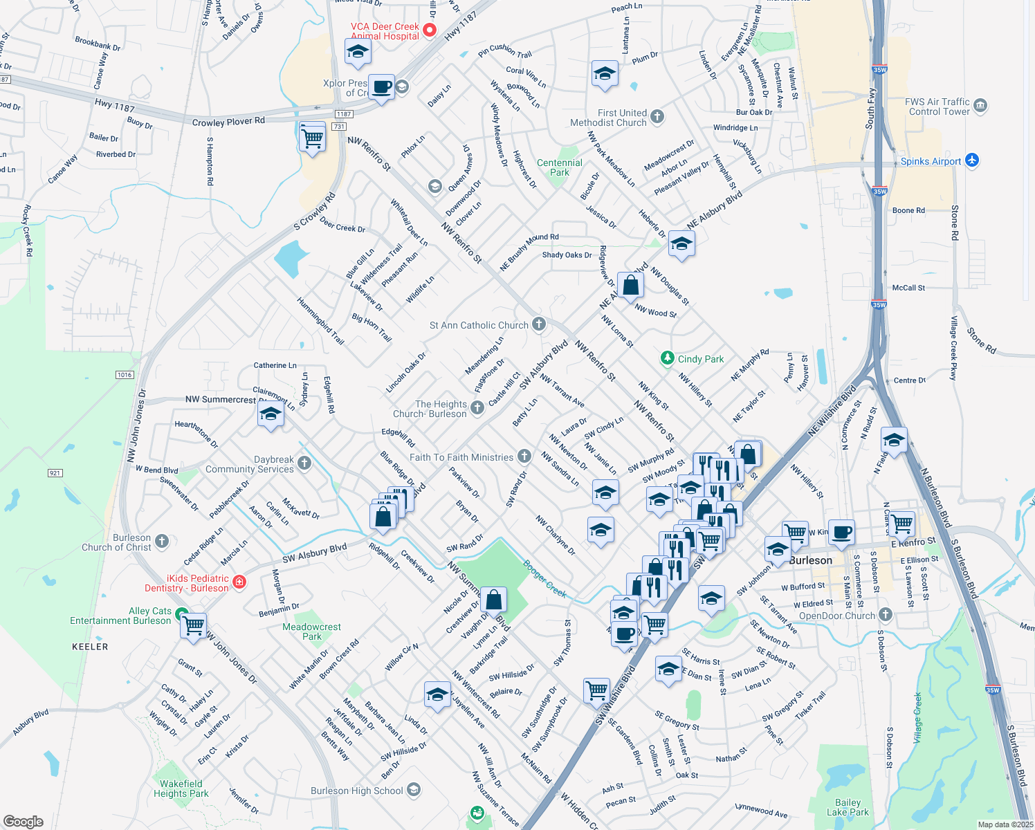 map of restaurants, bars, coffee shops, grocery stores, and more near 304 Betty L Lane in Burleson