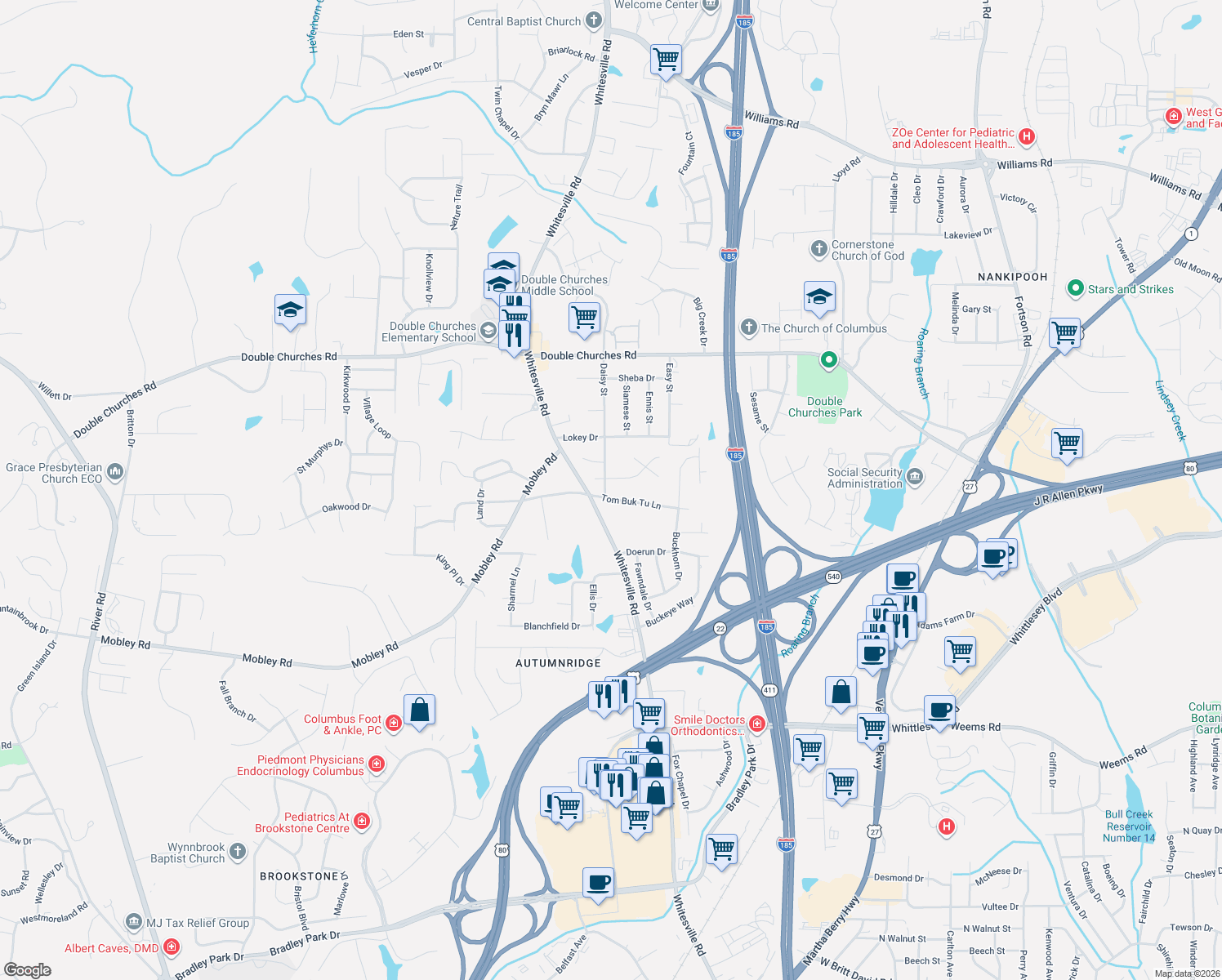 map of restaurants, bars, coffee shops, grocery stores, and more near 7108 Daisy St in Columbus