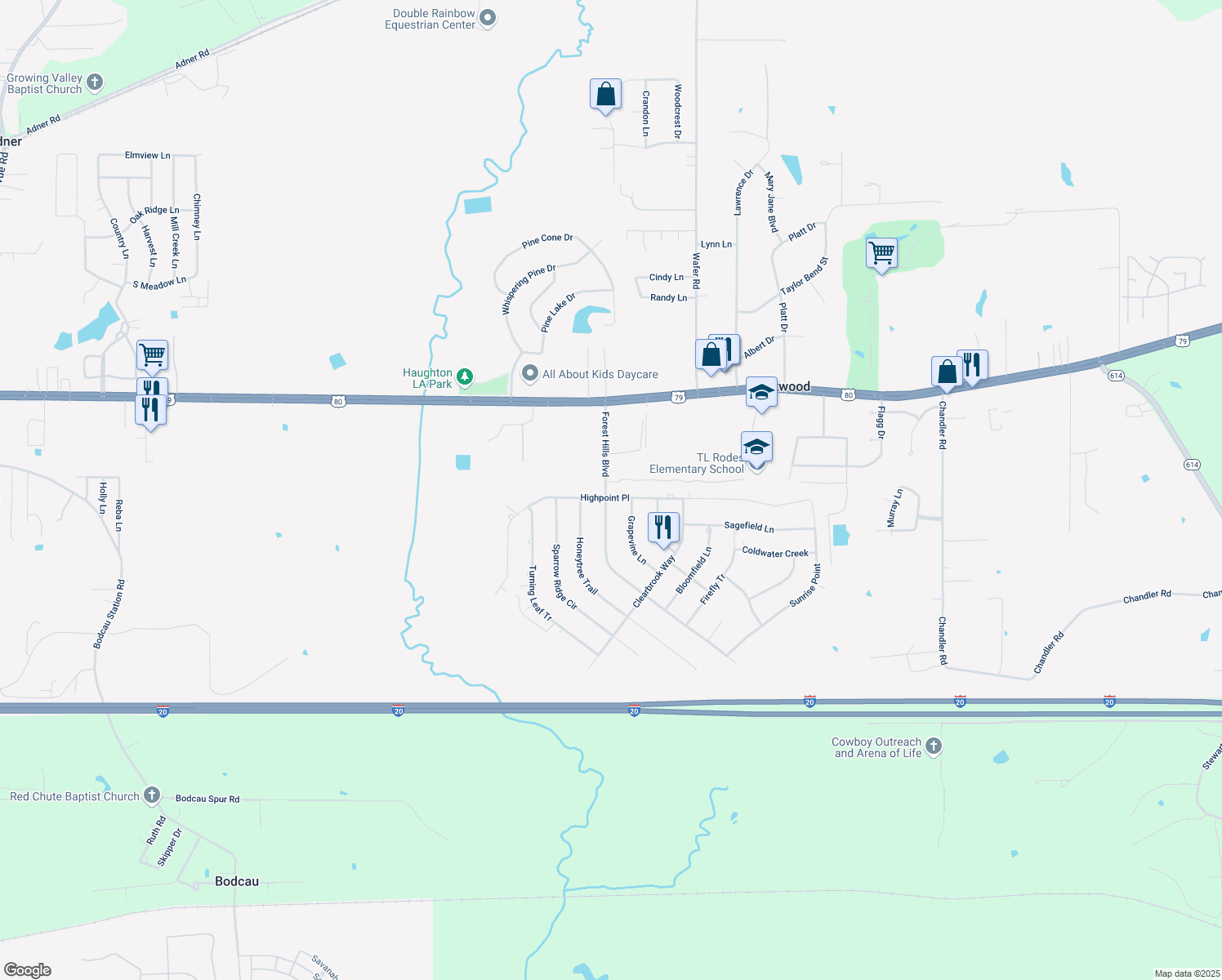 map of restaurants, bars, coffee shops, grocery stores, and more near 2001 Highpoint Place in Haughton