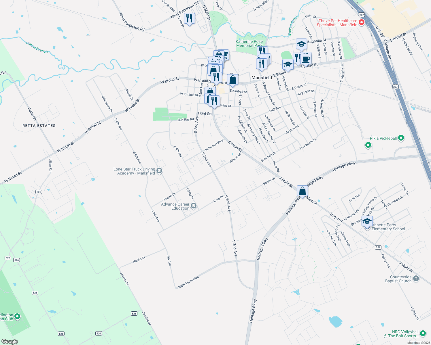 map of restaurants, bars, coffee shops, grocery stores, and more near 933 South 2nd Avenue in Mansfield