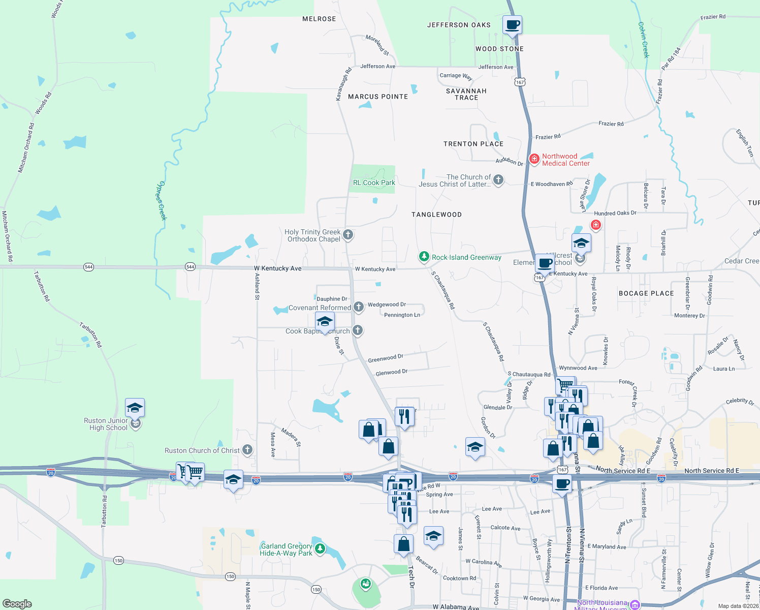 map of restaurants, bars, coffee shops, grocery stores, and more near 1098 Pennington Lane in Ruston