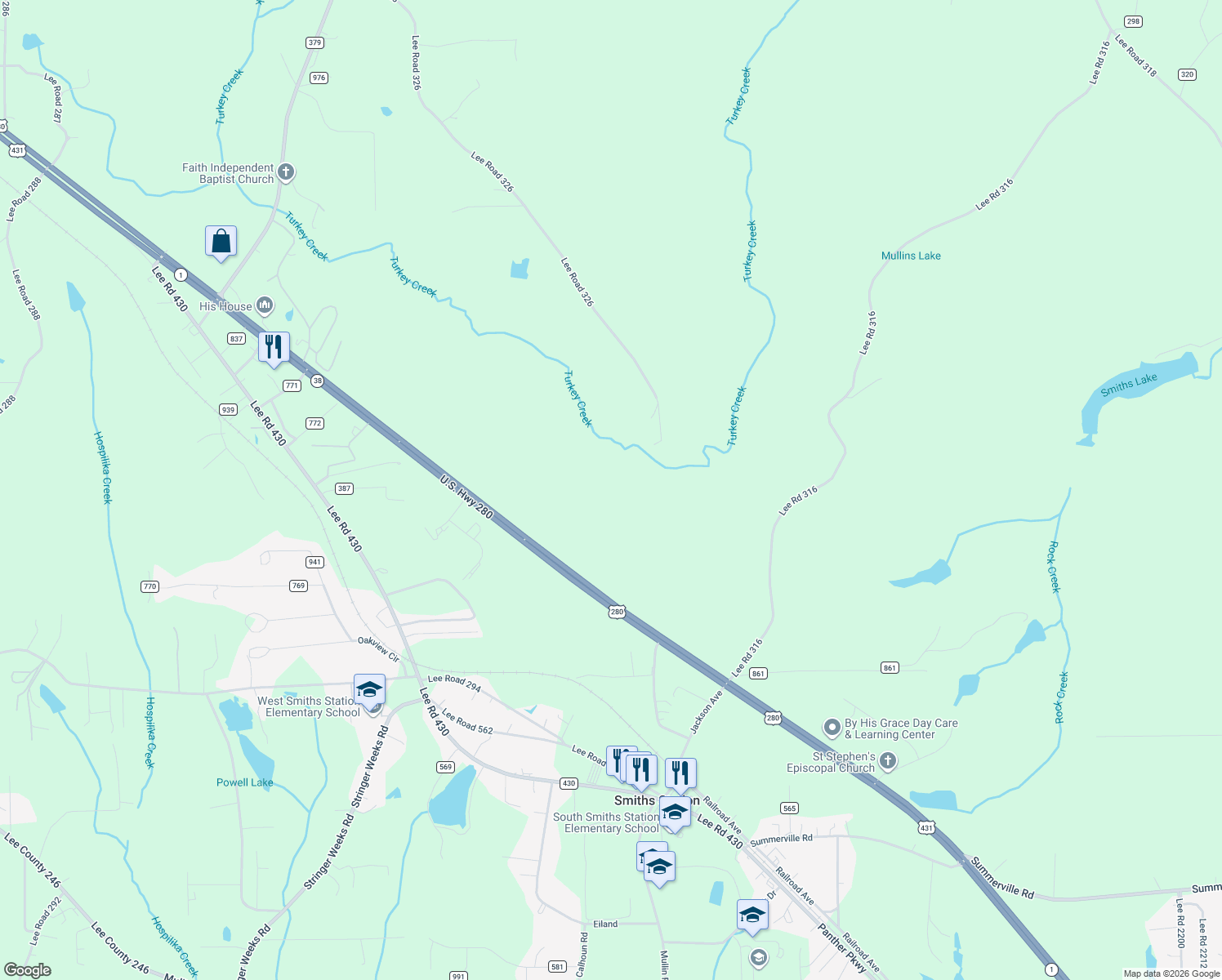 map of restaurants, bars, coffee shops, grocery stores, and more near in Smiths Station