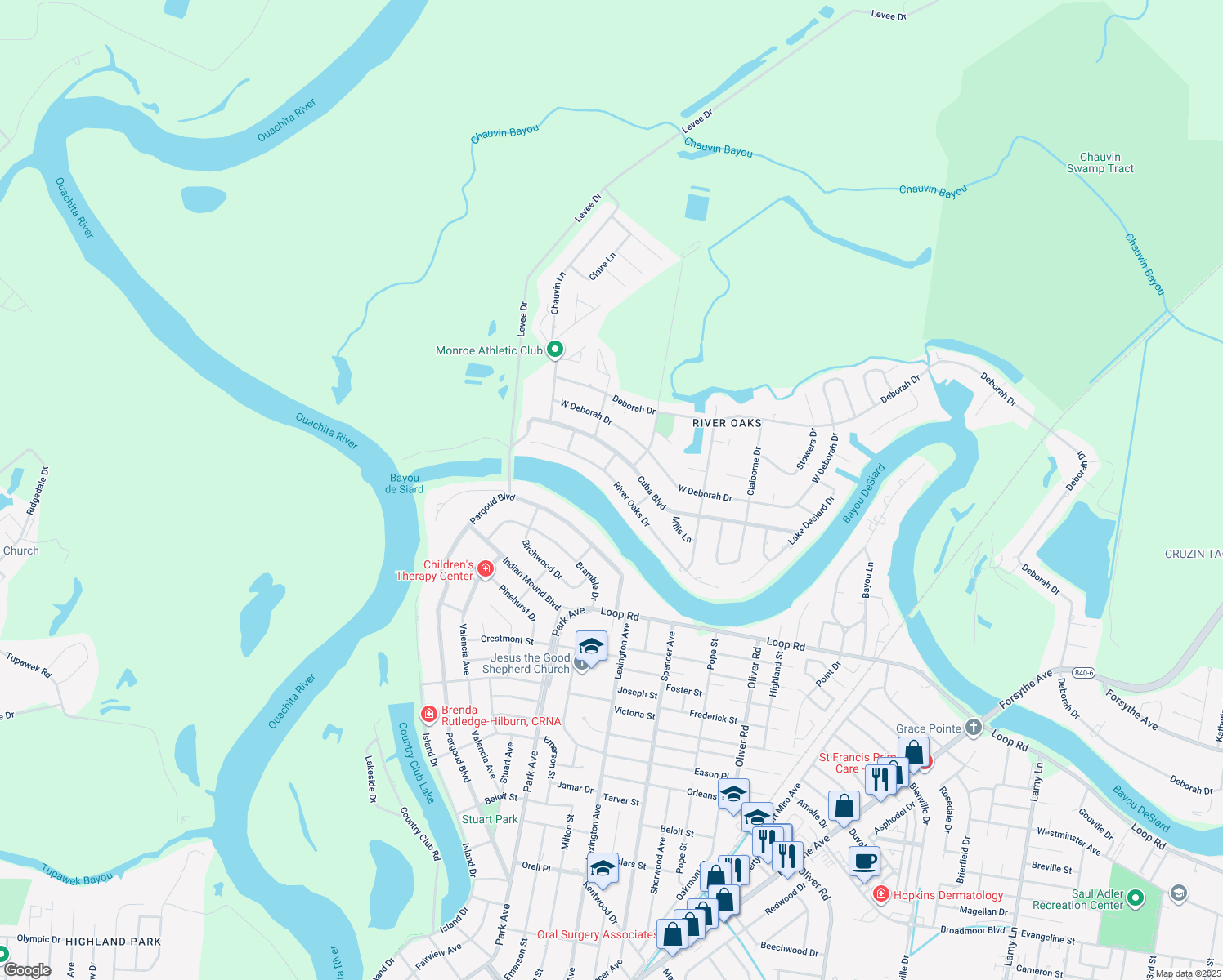 map of restaurants, bars, coffee shops, grocery stores, and more near 2904 River Oaks Dr in Monroe