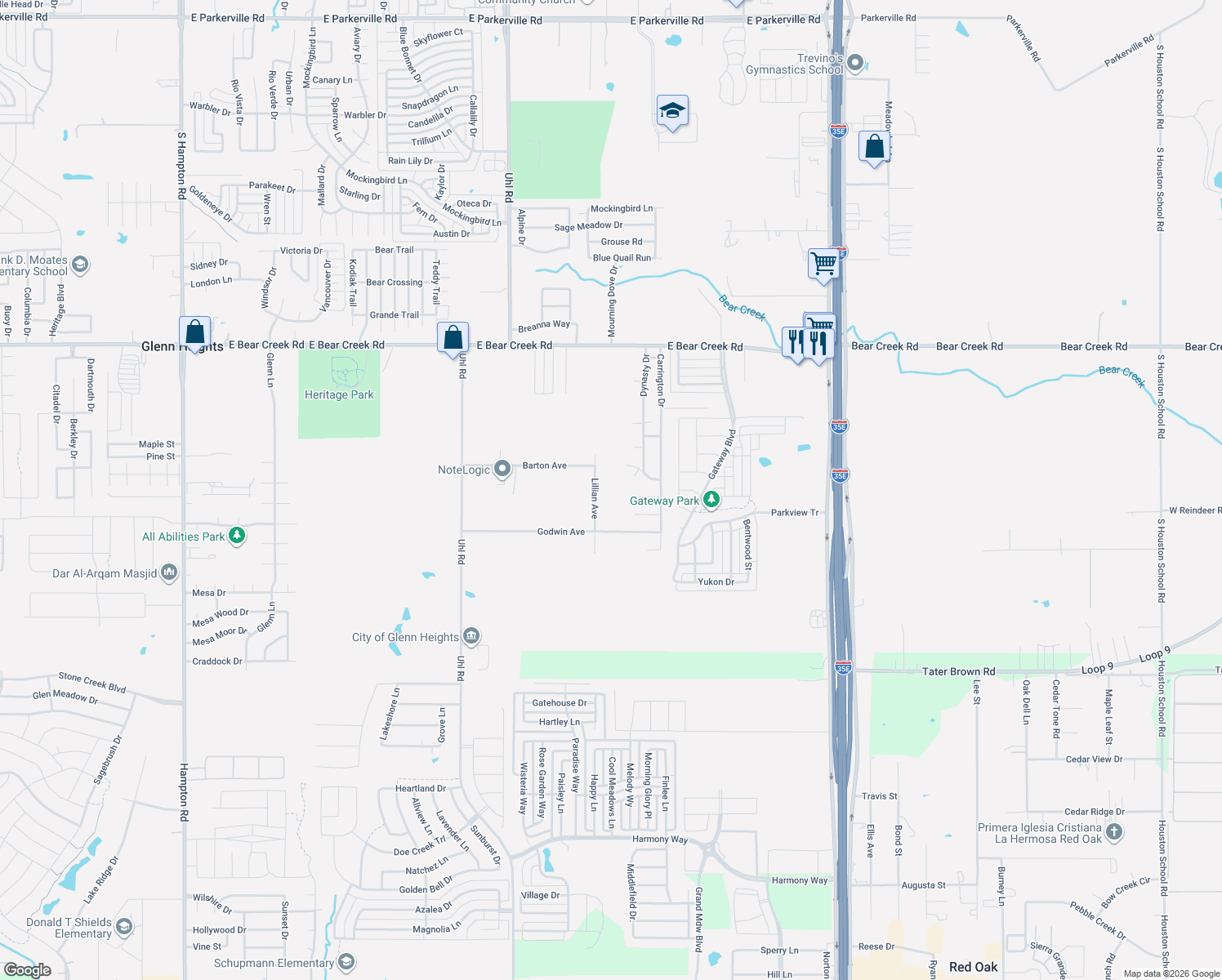 map of restaurants, bars, coffee shops, grocery stores, and more near 1906 Lillian Avenue in Glenn Heights