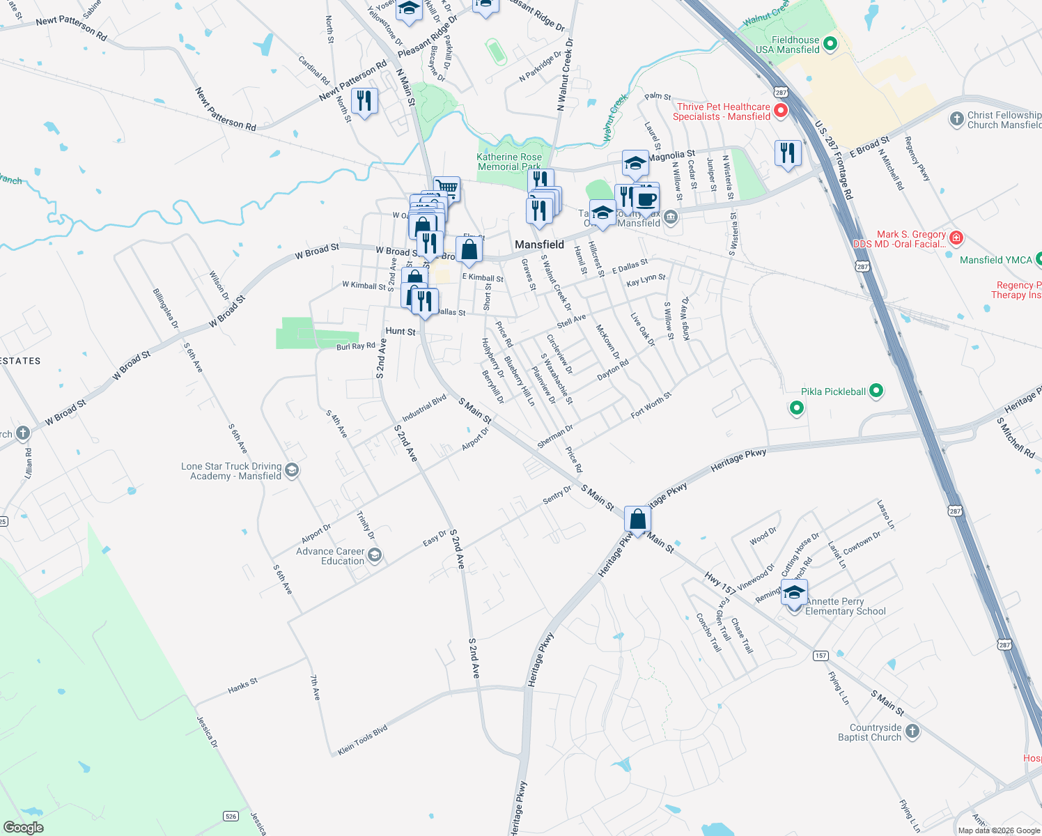 map of restaurants, bars, coffee shops, grocery stores, and more near 614 Hollyberry Drive in Mansfield
