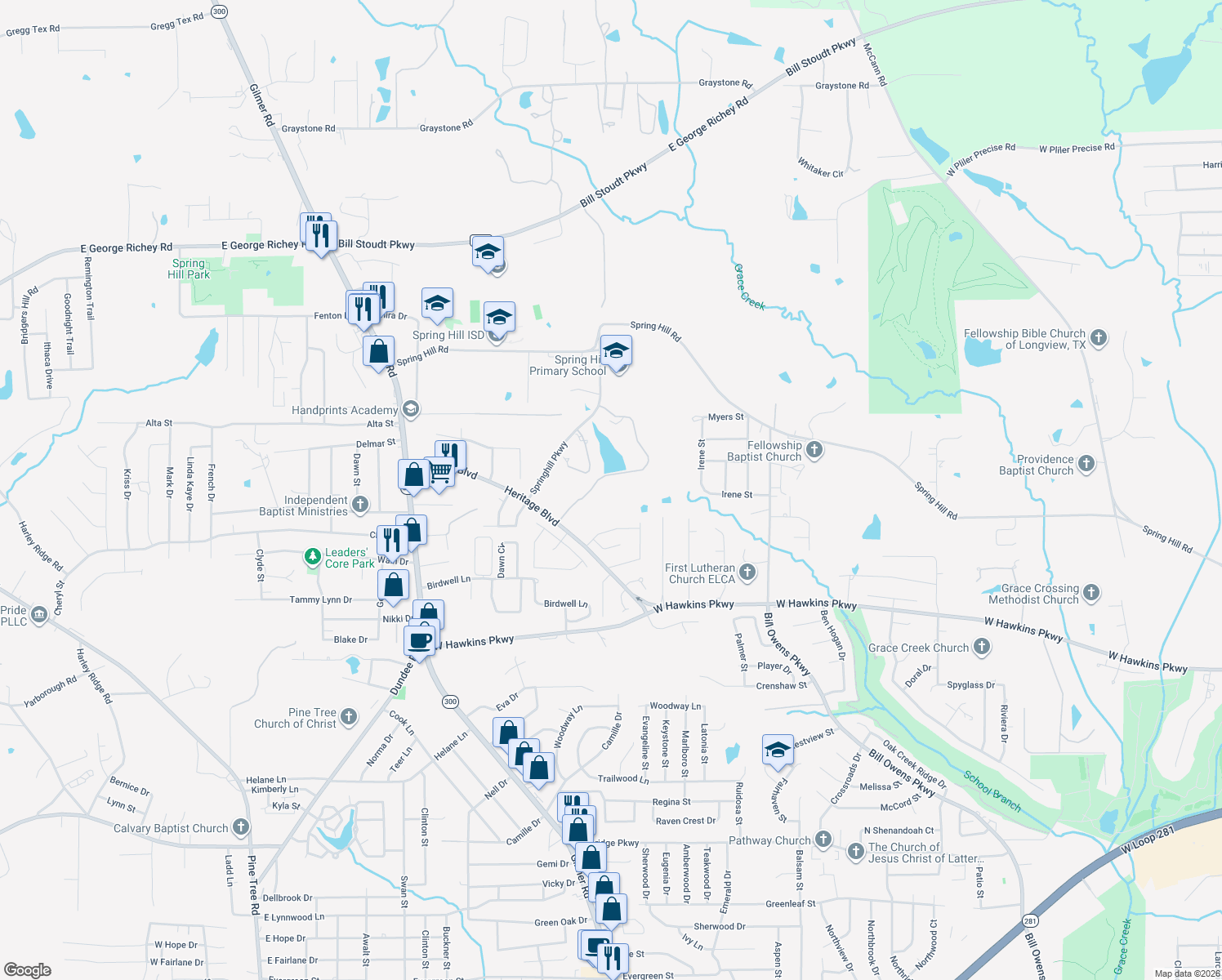 map of restaurants, bars, coffee shops, grocery stores, and more near 3900 Castle Ridge Drive in Longview