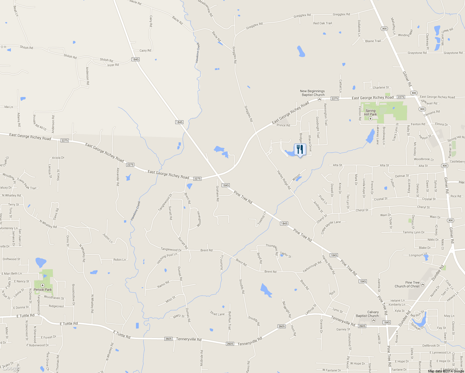 map of restaurants, bars, coffee shops, grocery stores, and more near 4616 Pine Tree Road in Longview