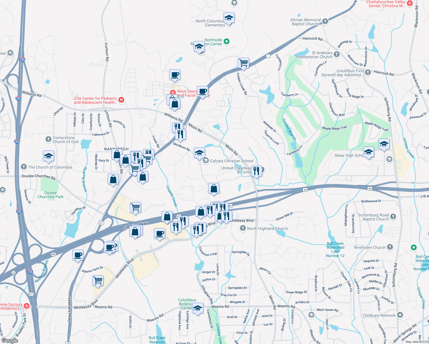 map of restaurants, bars, coffee shops, grocery stores, and more near 7490 Old Moon Road in Columbus