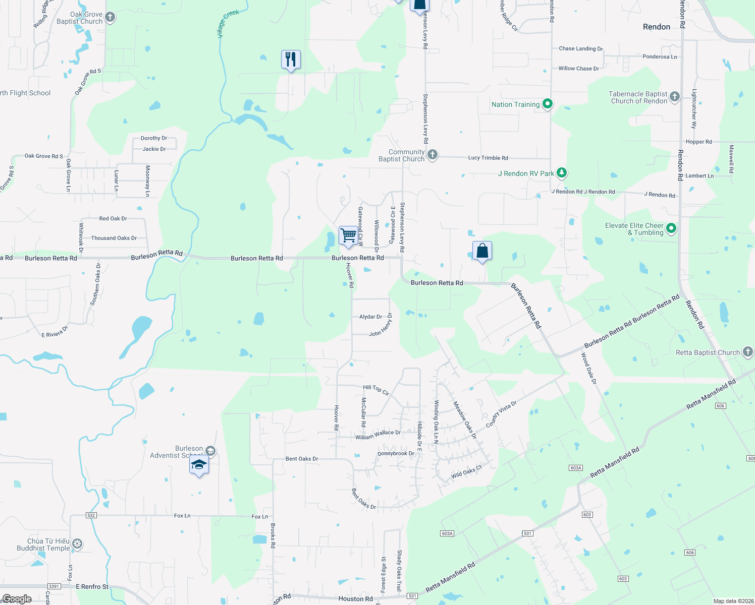map of restaurants, bars, coffee shops, grocery stores, and more near 4450 Northern Dancer Drive in Burleson