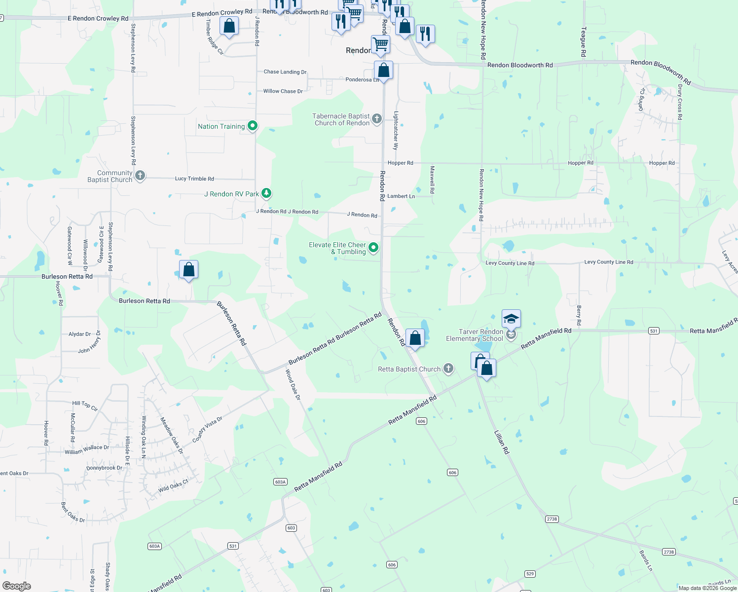 map of restaurants, bars, coffee shops, grocery stores, and more near 12860 Rendon Road in Burleson