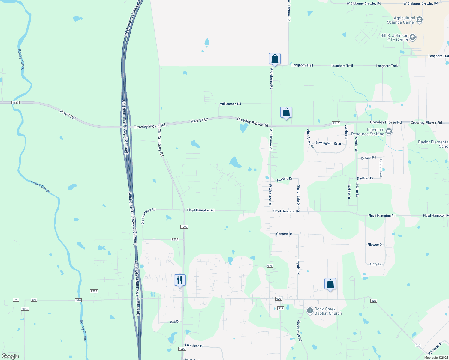 map of restaurants, bars, coffee shops, grocery stores, and more near 1100 Colina Vista in Crowley