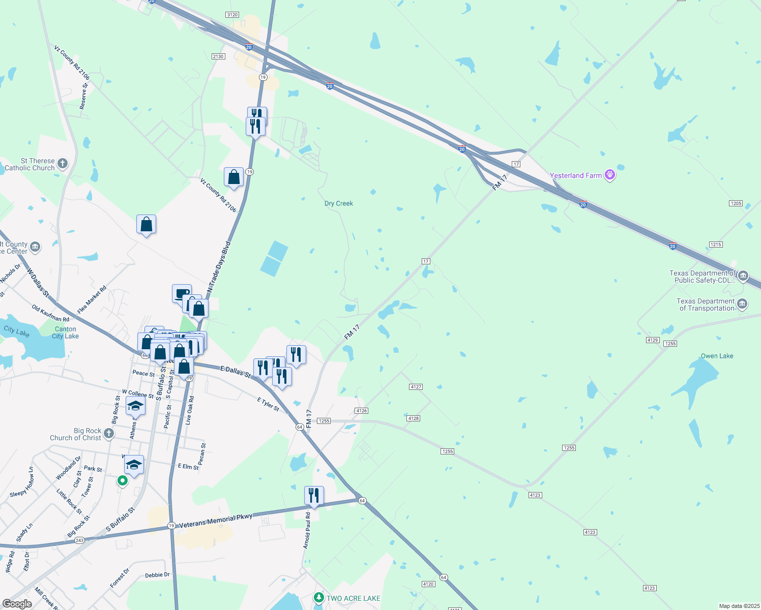 map of restaurants, bars, coffee shops, grocery stores, and more near 18188 Farm to Market Road 17 in Canton
