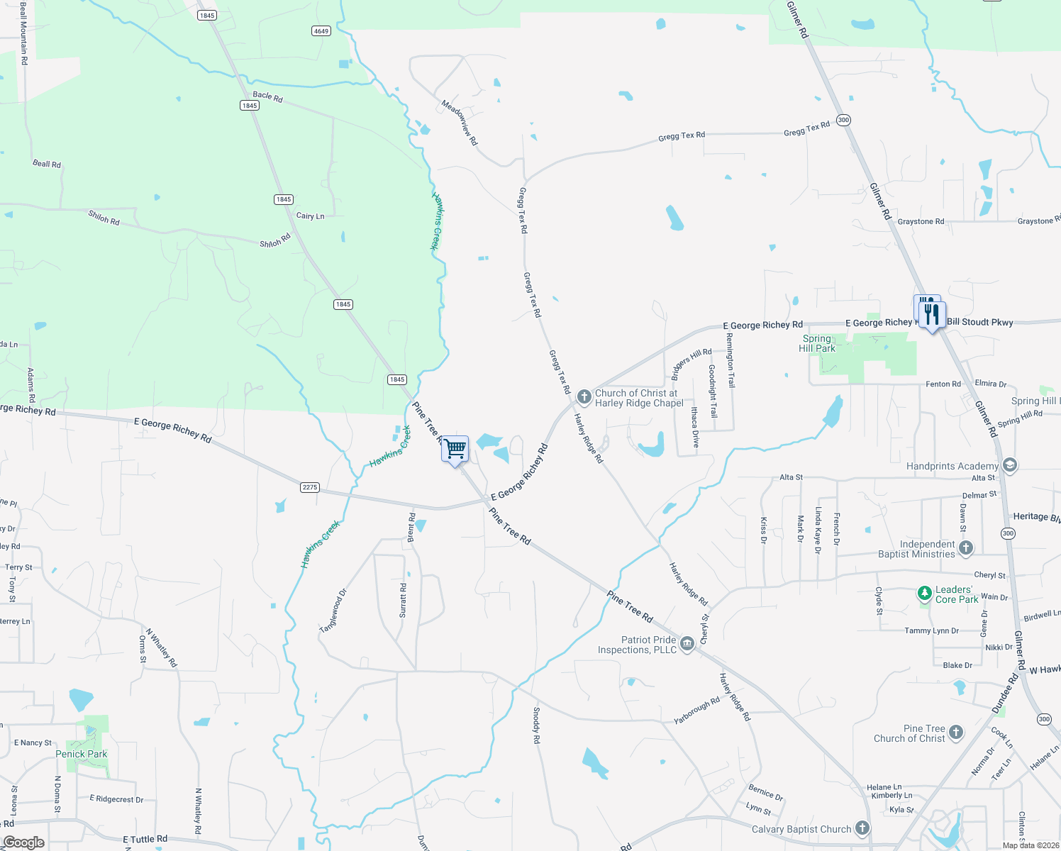 map of restaurants, bars, coffee shops, grocery stores, and more near 1008 George Richey Road in Longview