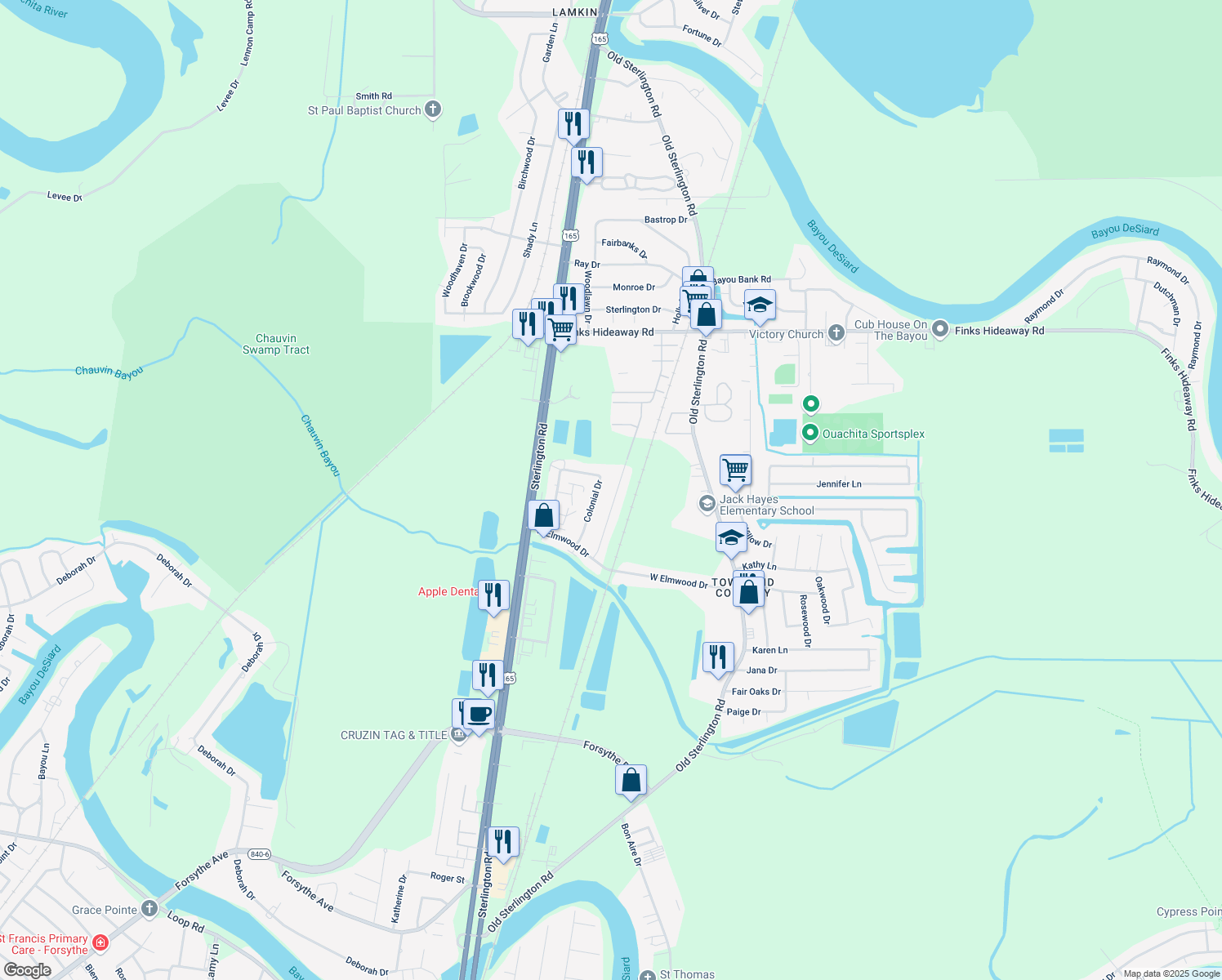 map of restaurants, bars, coffee shops, grocery stores, and more near 73 Holiday Dr in Monroe