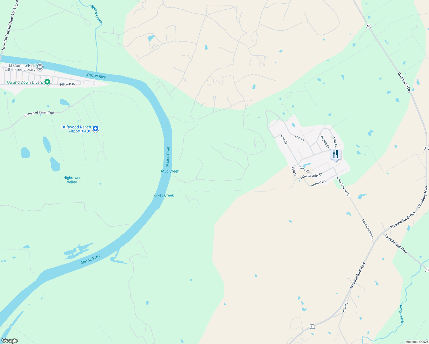 map of restaurants, bars, coffee shops, grocery stores, and more near 302 Ridgeoak Court in Weatherford
