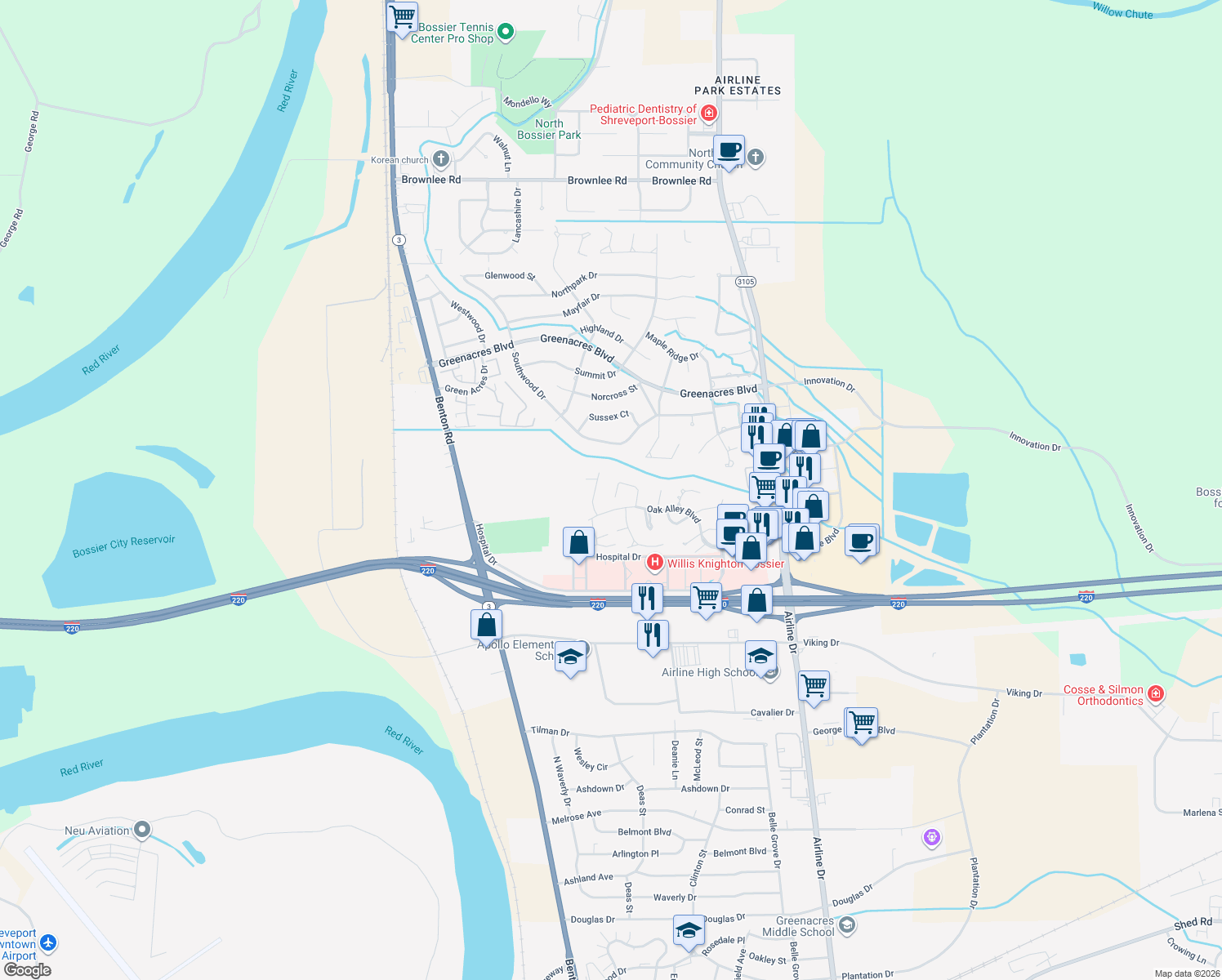map of restaurants, bars, coffee shops, grocery stores, and more near 225 Evangeline Walk in Bossier City
