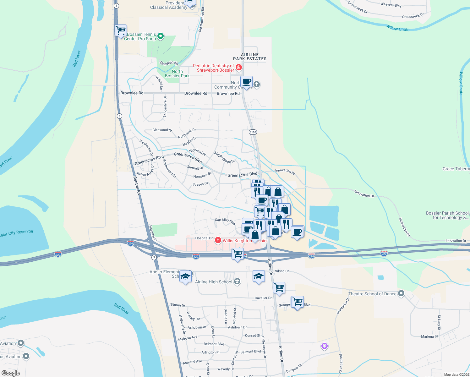 map of restaurants, bars, coffee shops, grocery stores, and more near 103 Ashley Cir in Bossier City