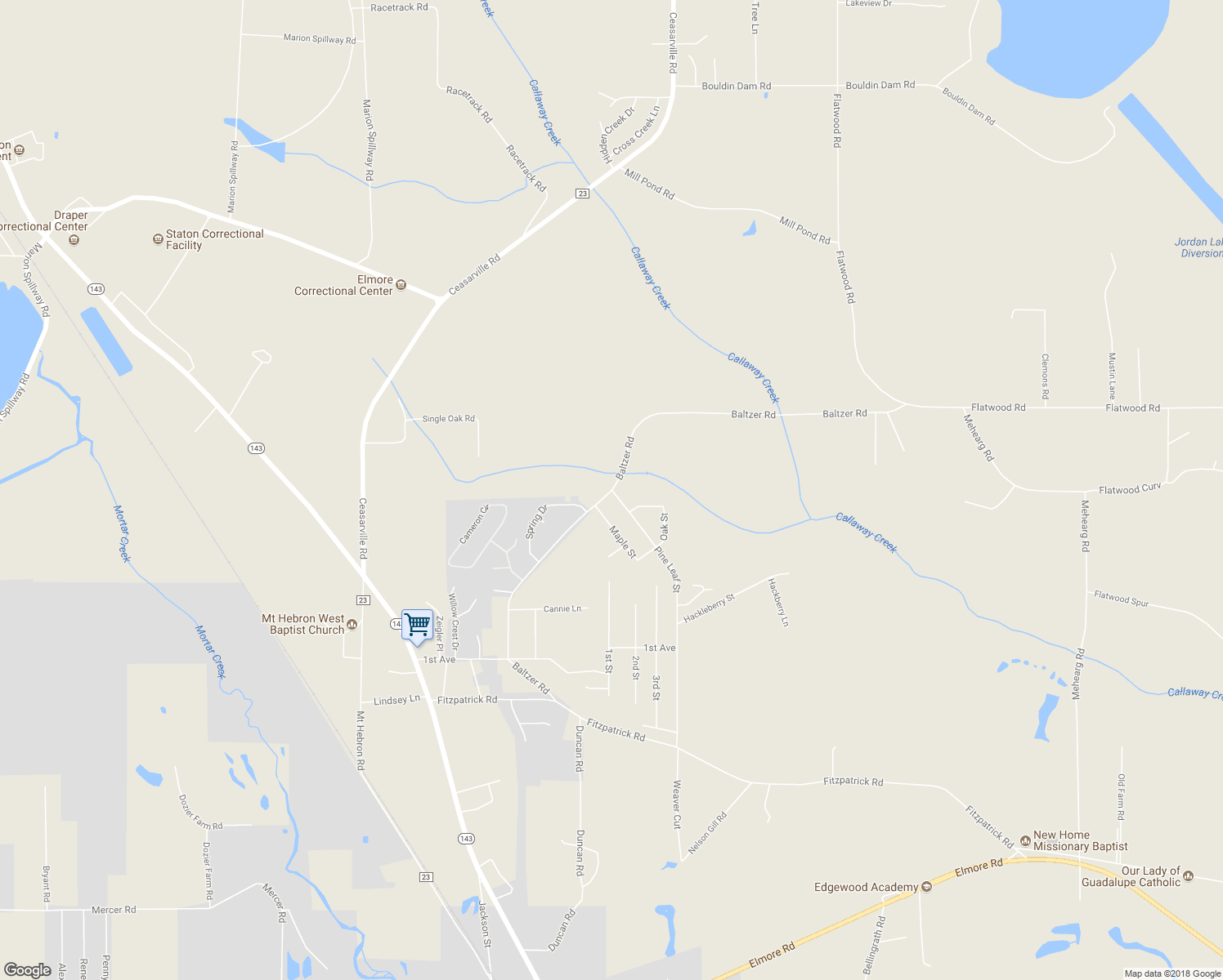 map of restaurants, bars, coffee shops, grocery stores, and more near Baltzer Road in Wetumpka