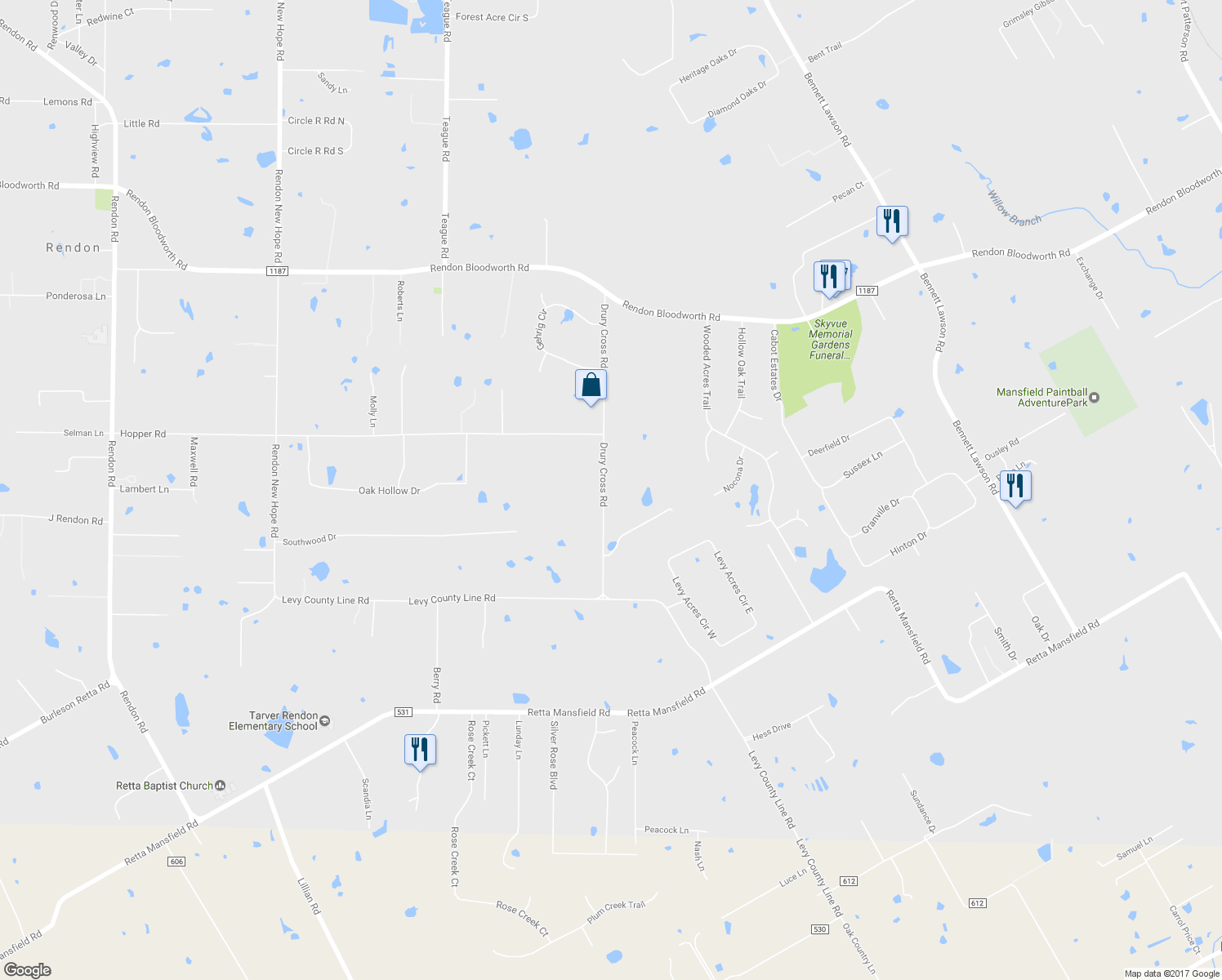 map of restaurants, bars, coffee shops, grocery stores, and more near 7347 Drury Cross Road in Burleson