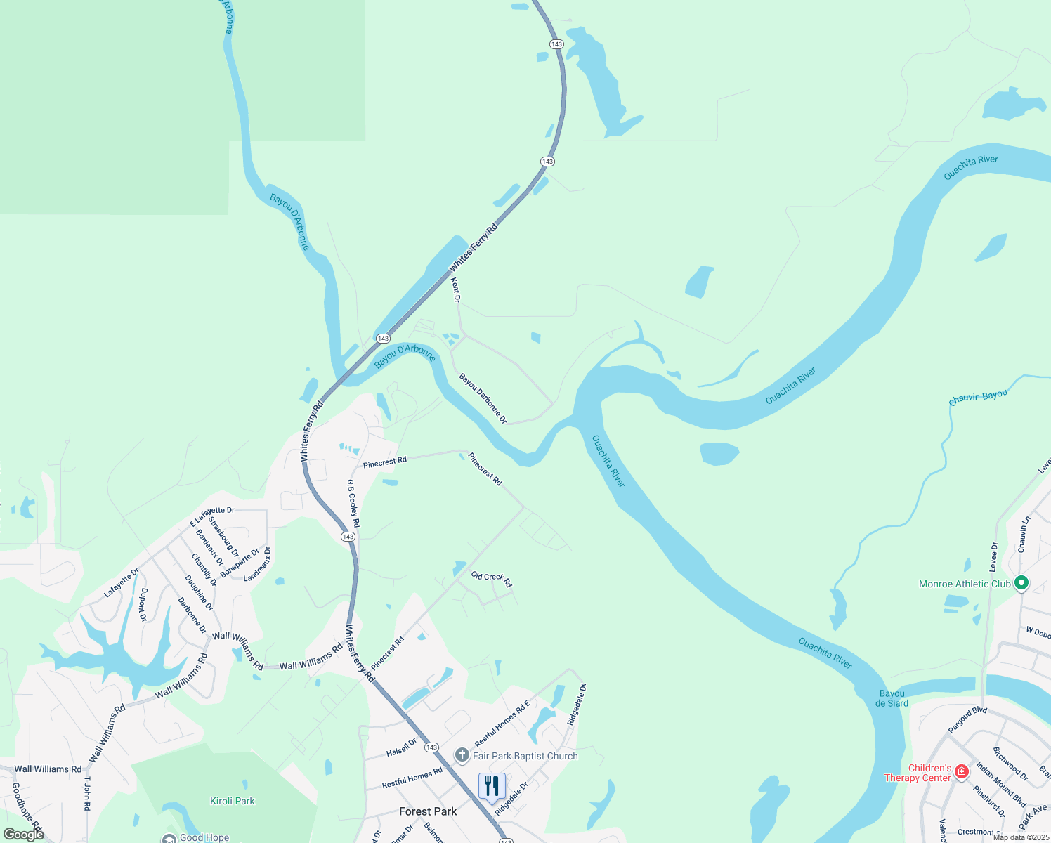map of restaurants, bars, coffee shops, grocery stores, and more near 1398 Bayou Darbonne Dr in West Monroe
