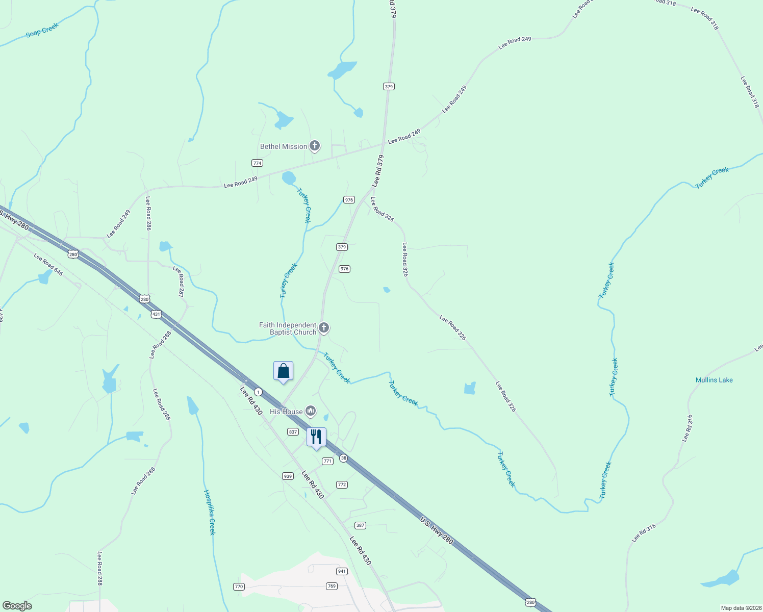 map of restaurants, bars, coffee shops, grocery stores, and more near 385 Lee Road 432 in Smiths Station