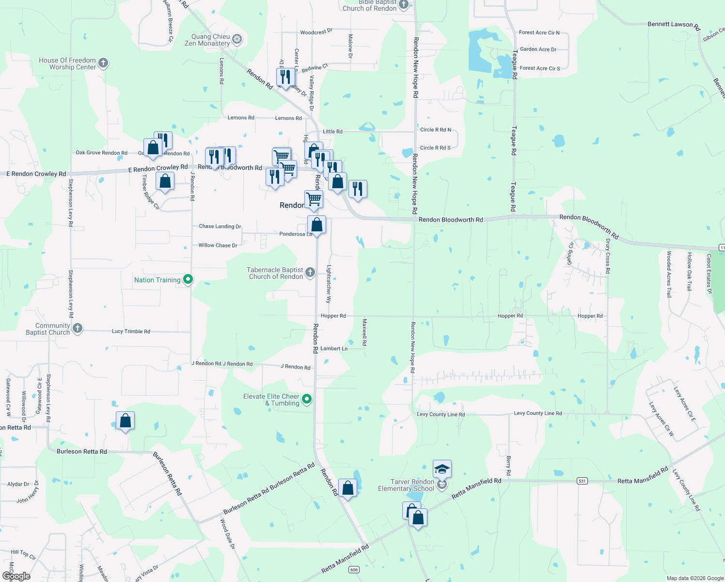 map of restaurants, bars, coffee shops, grocery stores, and more near 4971 Hopper Road in Burleson