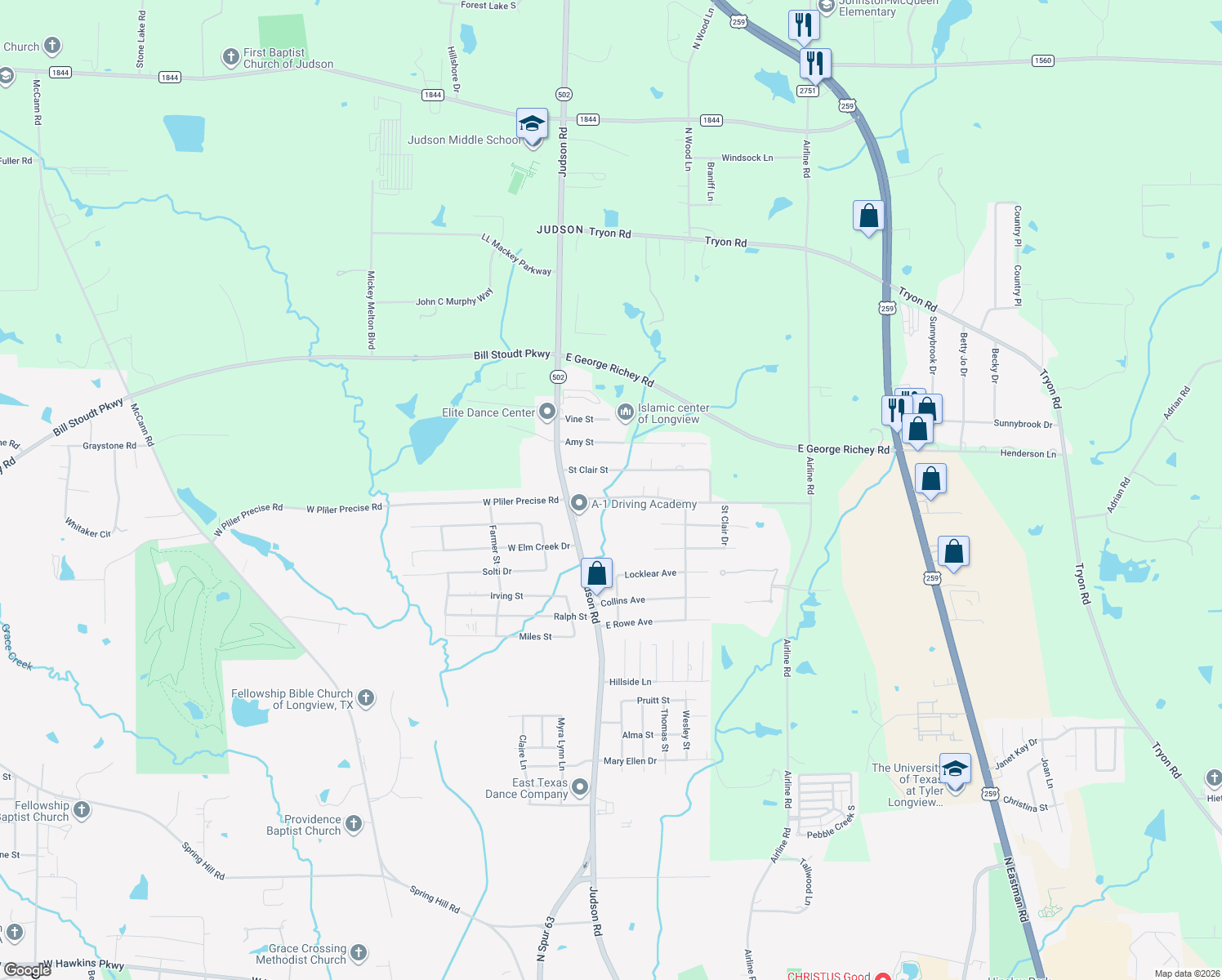 map of restaurants, bars, coffee shops, grocery stores, and more near 111 E Pliler Precise Rd in Longview