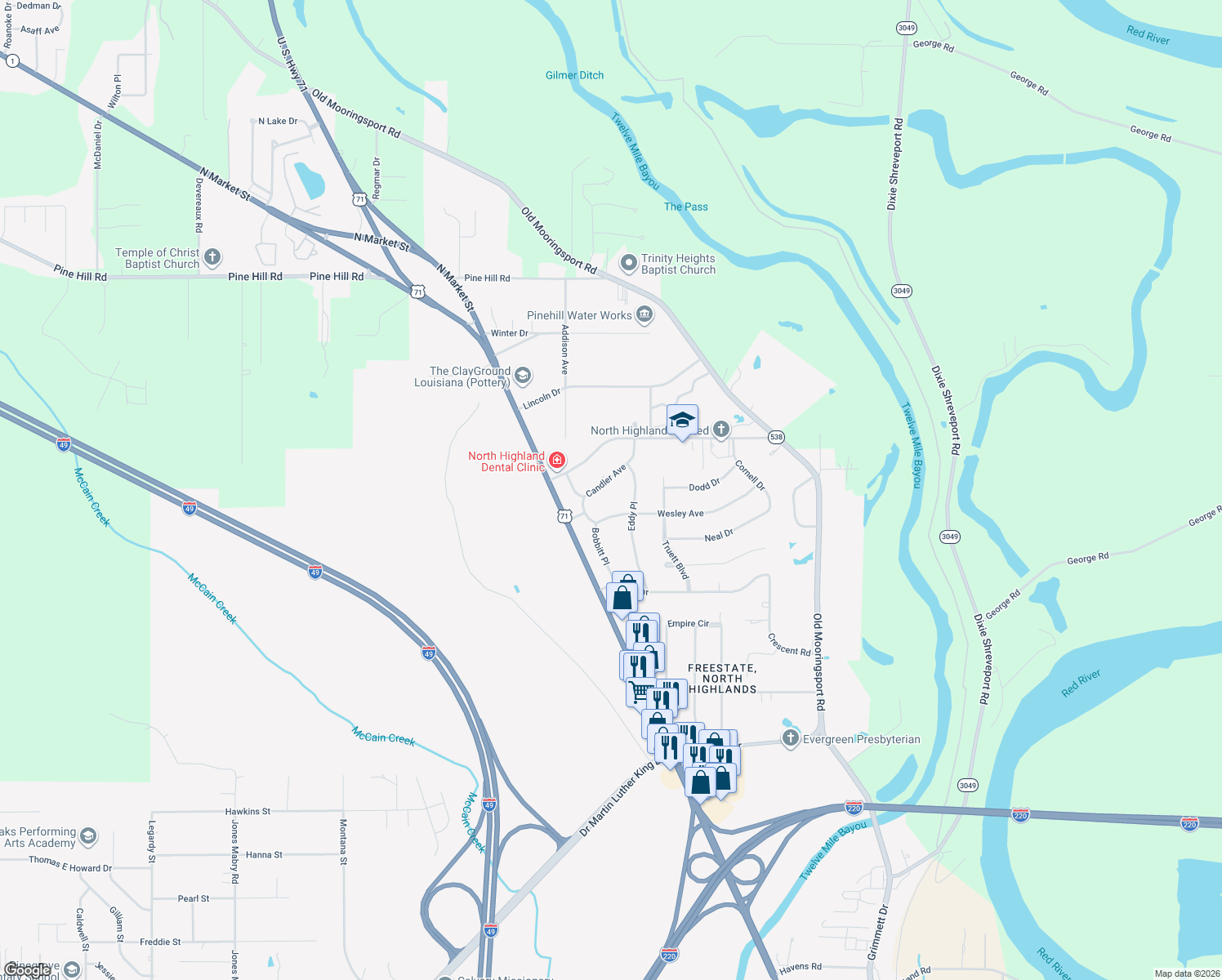 map of restaurants, bars, coffee shops, grocery stores, and more near 925 Candler Ave in Shreveport