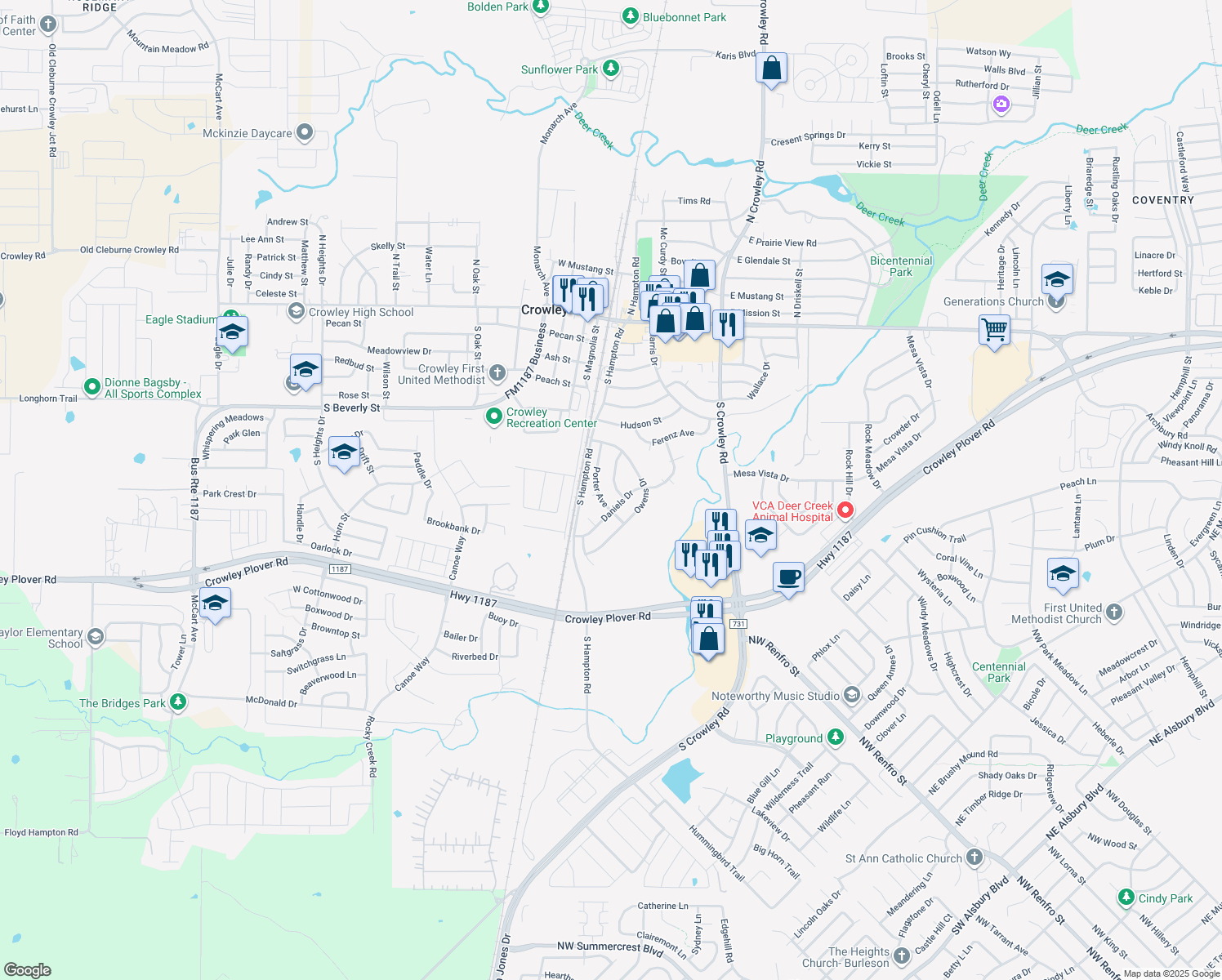 map of restaurants, bars, coffee shops, grocery stores, and more near 532 Baldwin Avenue in Crowley