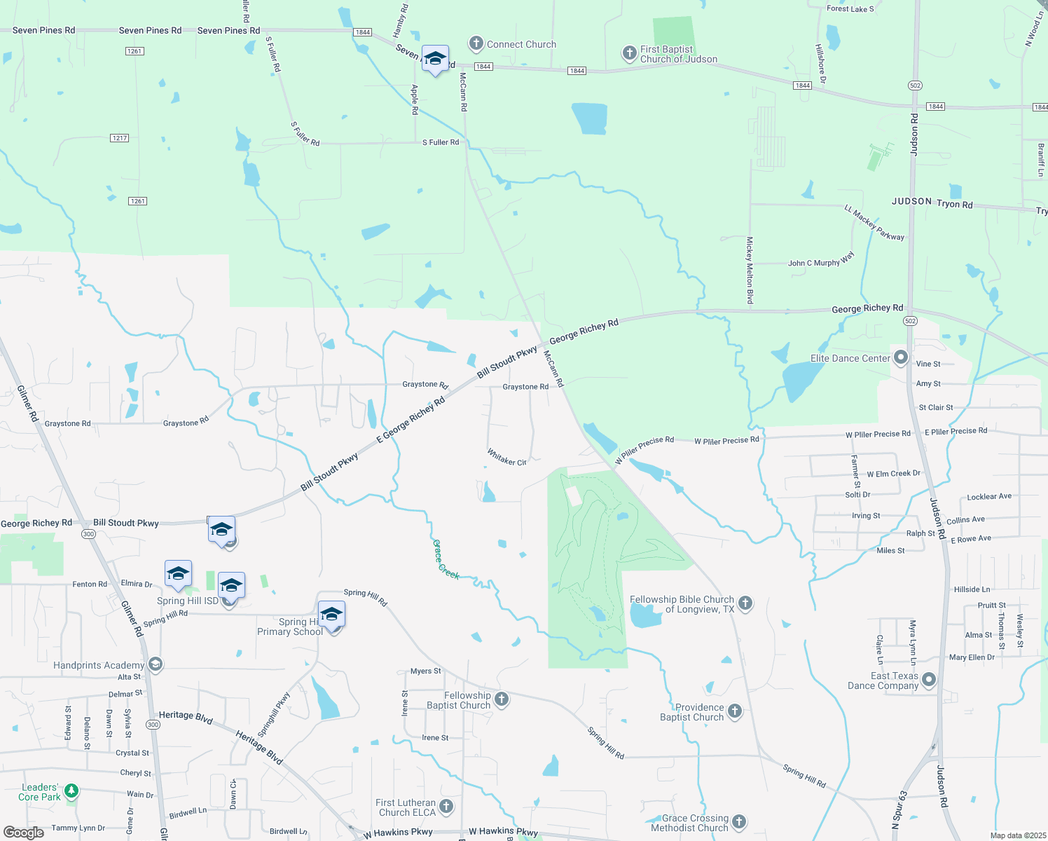 map of restaurants, bars, coffee shops, grocery stores, and more near 5517 Whitaker Cir in Longview