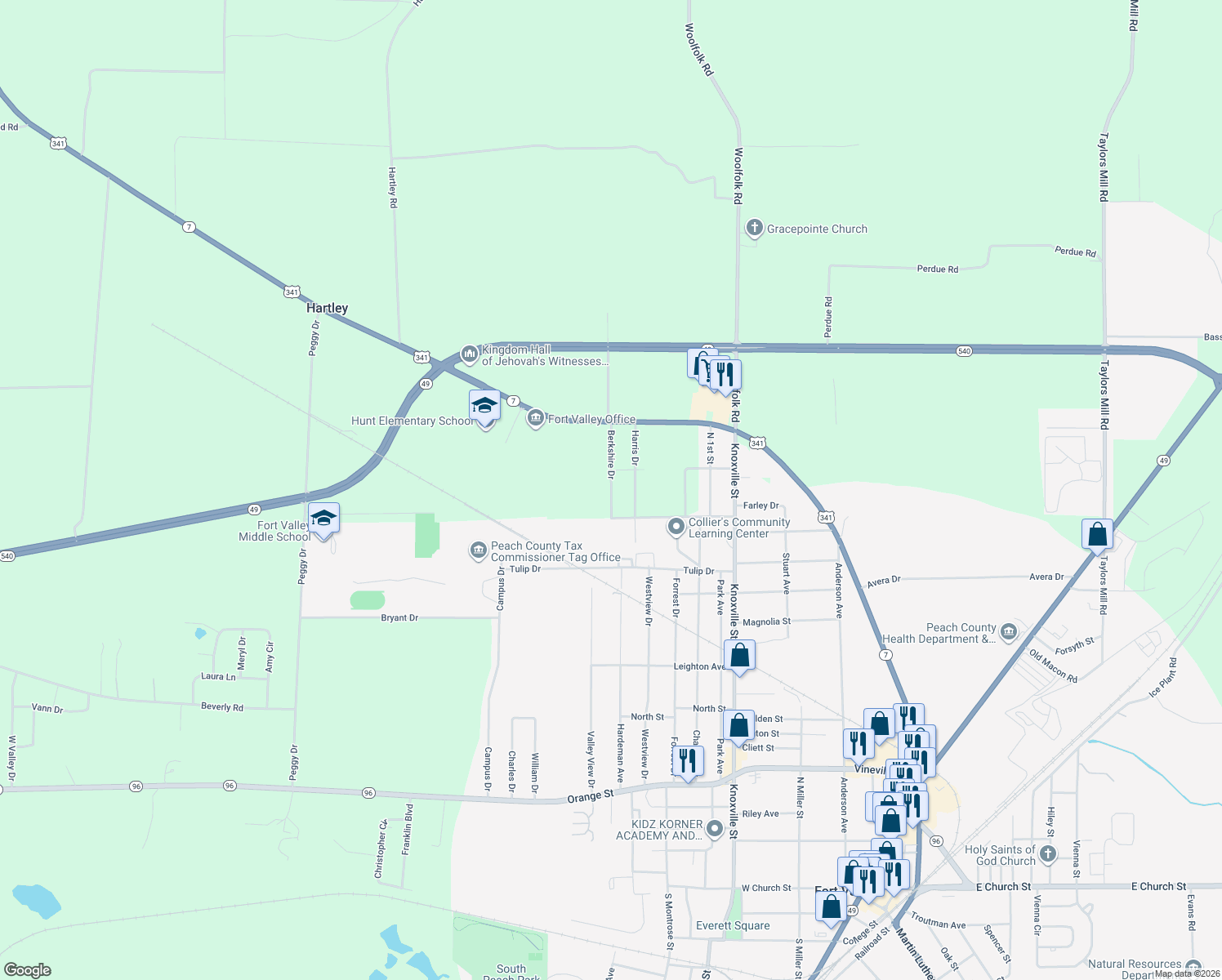map of restaurants, bars, coffee shops, grocery stores, and more near 64 Berkshire Drive in Fort Valley