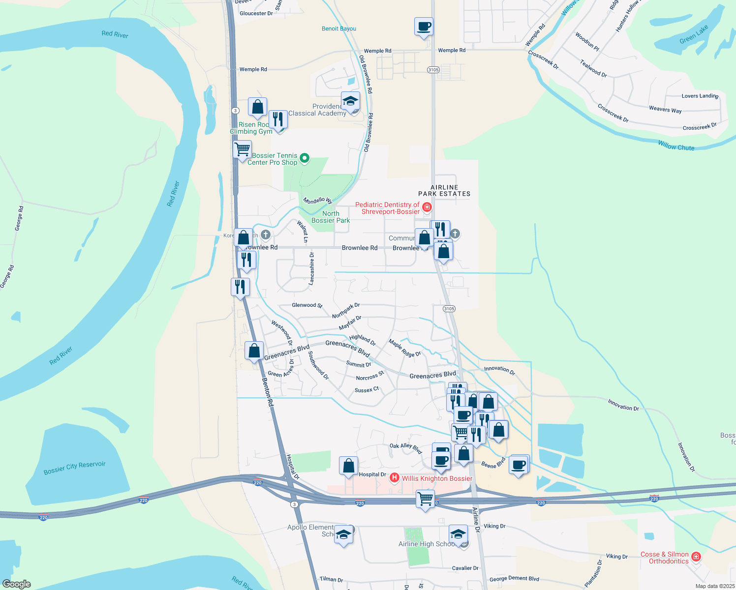 map of restaurants, bars, coffee shops, grocery stores, and more near 518 Wedgewood Drive in Bossier City